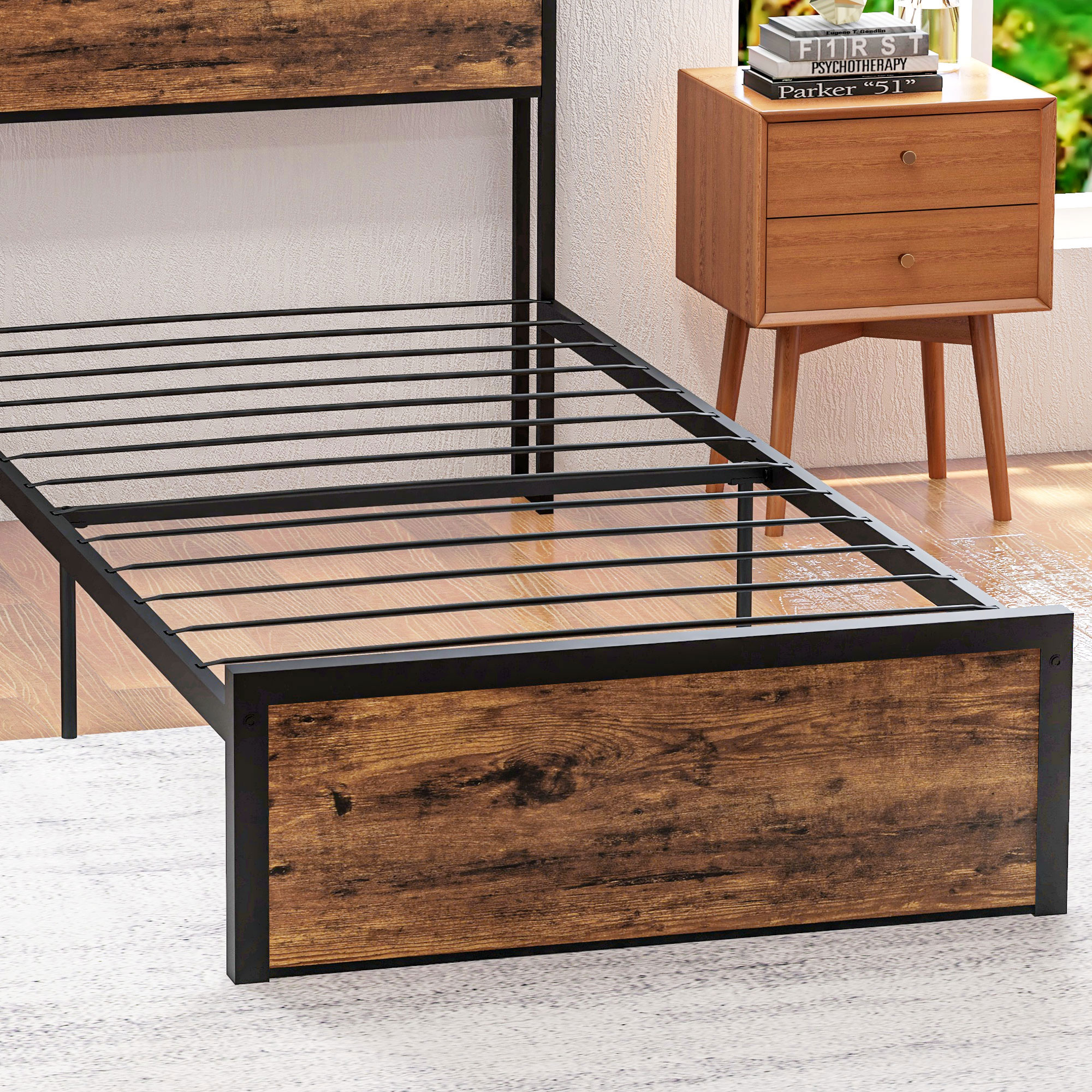 HOMCOM Industrial Single Bed Frame, 3.1FT Steel Bed Base w/ Storage Headboard, Footboard, Under Bed Storage, 95 x 209cm, Rustic Brown