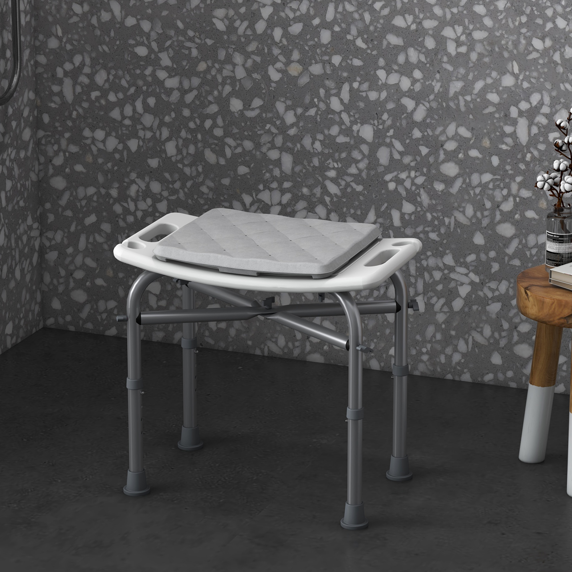 HOMCOM Adjustable Shower Chair for the Elderly, Aluminium Frame with Removable Cushion, Shower Head Holder, Non-Slip
