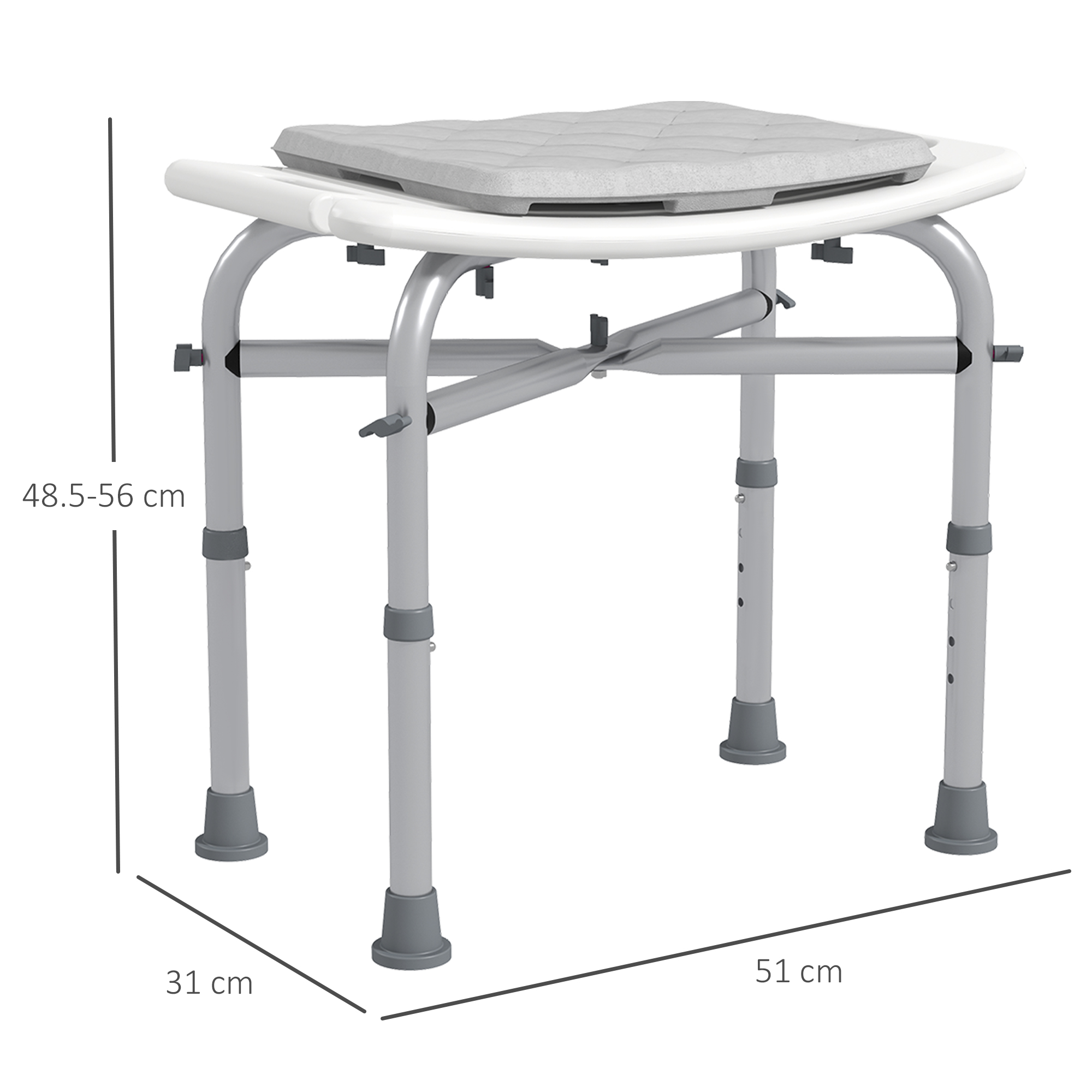HOMCOM Adjustable Shower Chair for the Elderly, Aluminium Frame with Removable Cushion, Shower Head Holder, Non-Slip