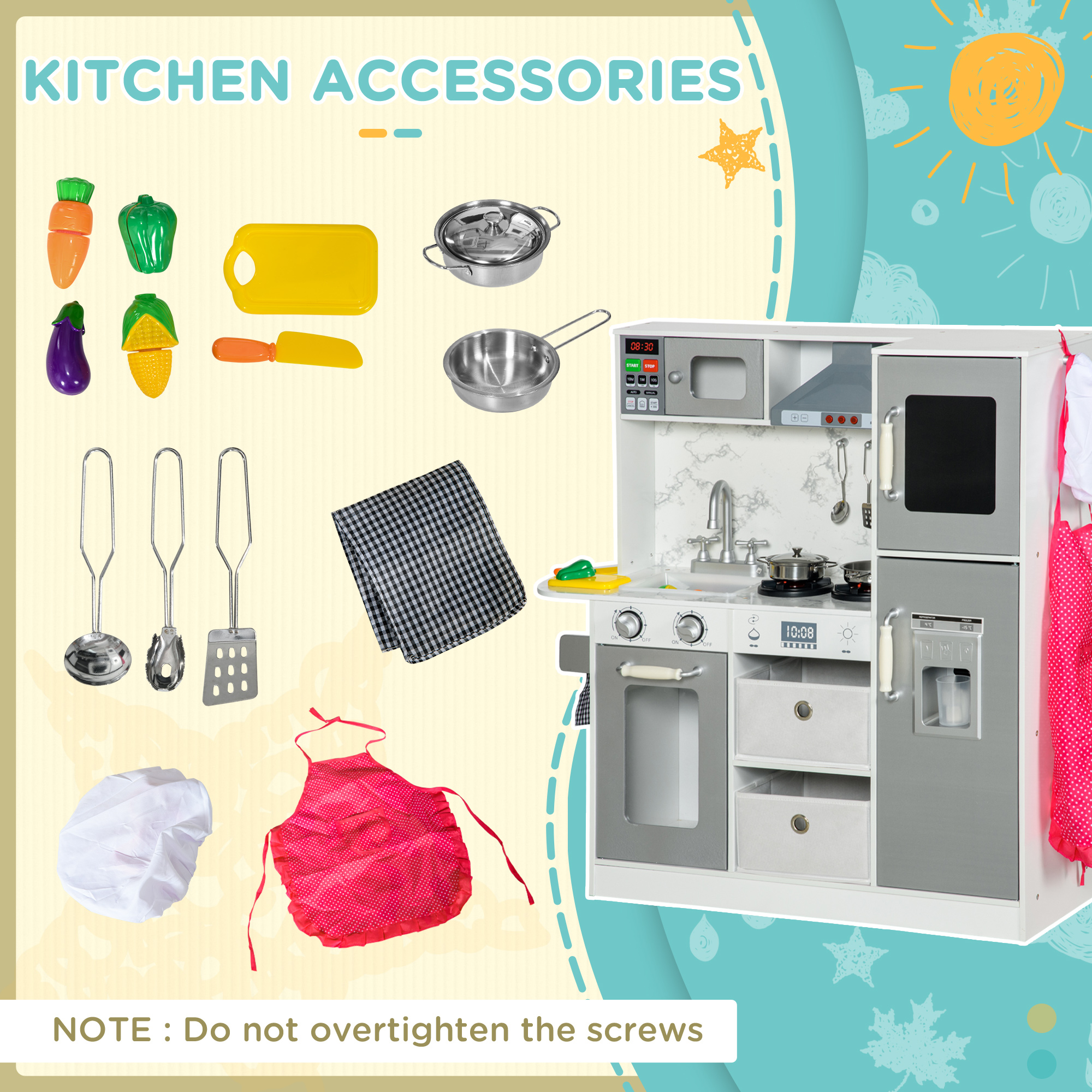 AIYAPLAY Toy Kitchen with Lights Sounds, Apron and Chef Hat, Ice Maker, Microwave, for 3-6 Years Old - White