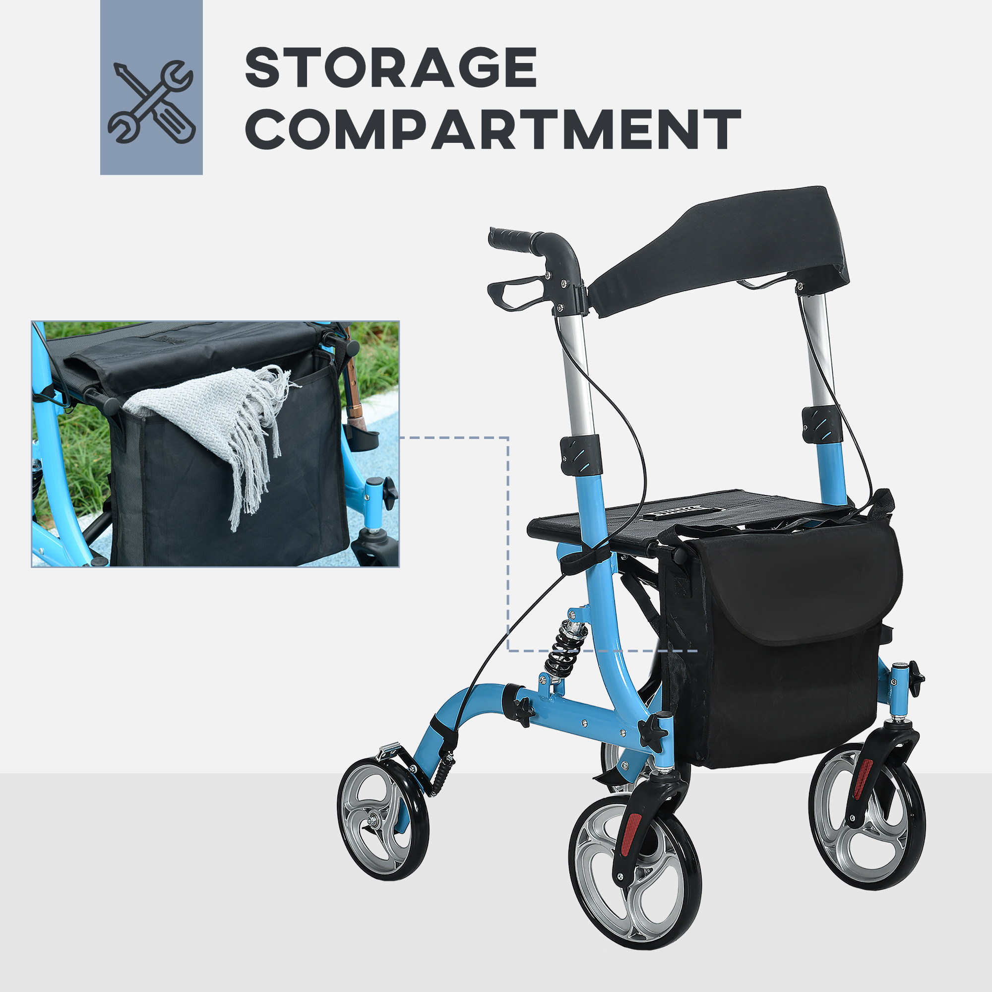 HOMCOM 4 Wheel Rollator with Seat & Back, Lightweight Folding Mobility Walker w/ Large Wheels, Carry Bag, Adjustable Height, Dual Brakes, Blue