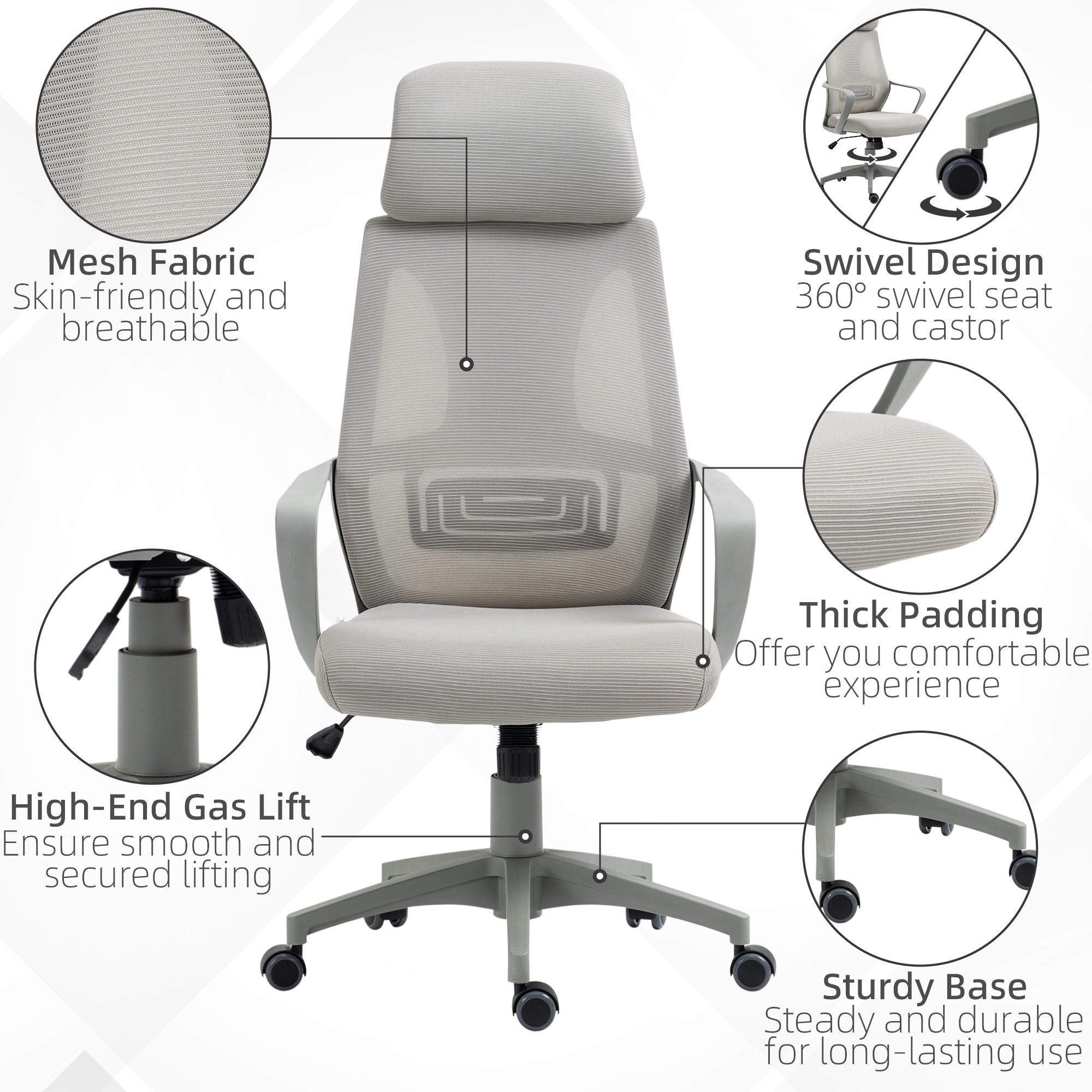 Vinsetto Ergonomic Office Chair with Wheels, High Mesh Back & Adjustable Height for Home Office, Grey