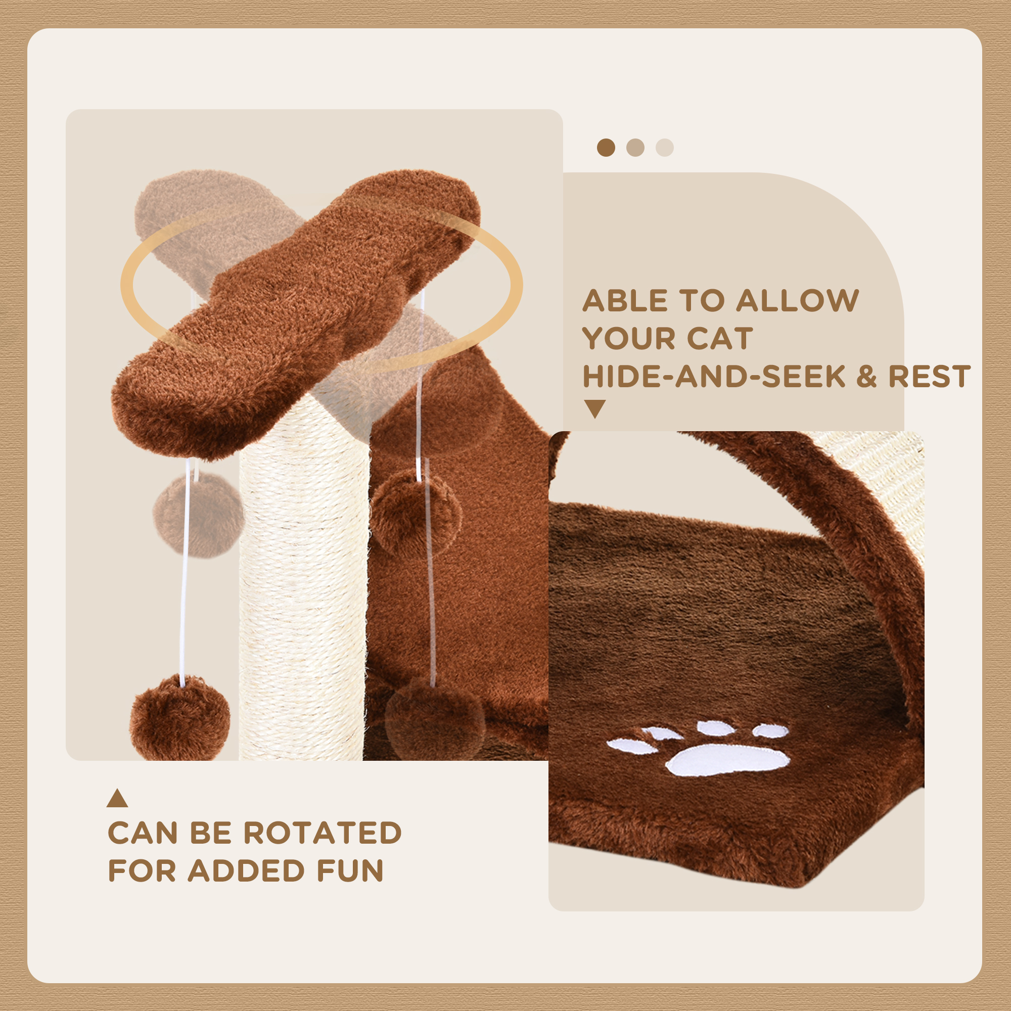PawHut Cat Tree, Cat Tower for Kittens, Small Cat Condo with Rotatable Top Bar, Sisal Scratching Post, Tunnel, Dangling Balls - Brown