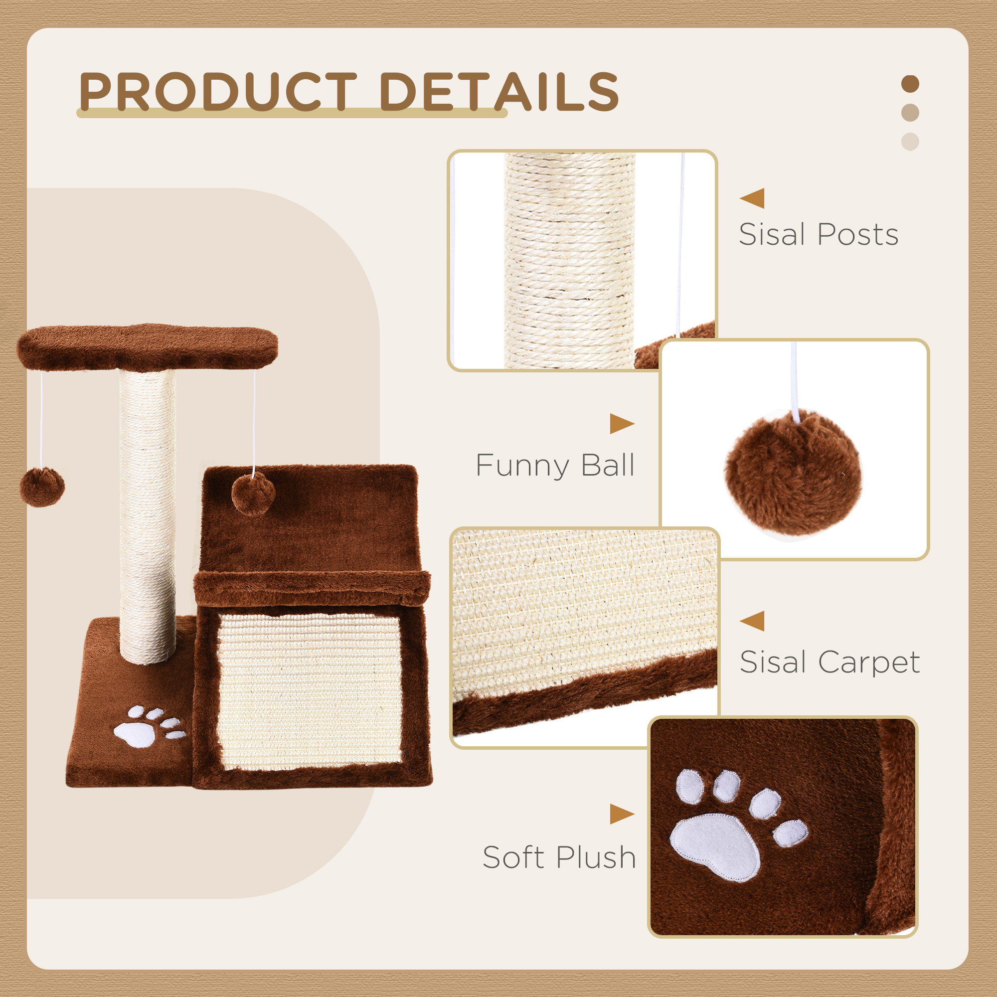 PawHut Cat Tree, Cat Tower for Kittens, Small Cat Condo with Rotatable Top Bar, Sisal Scratching Post, Tunnel, Dangling Balls - Brown
