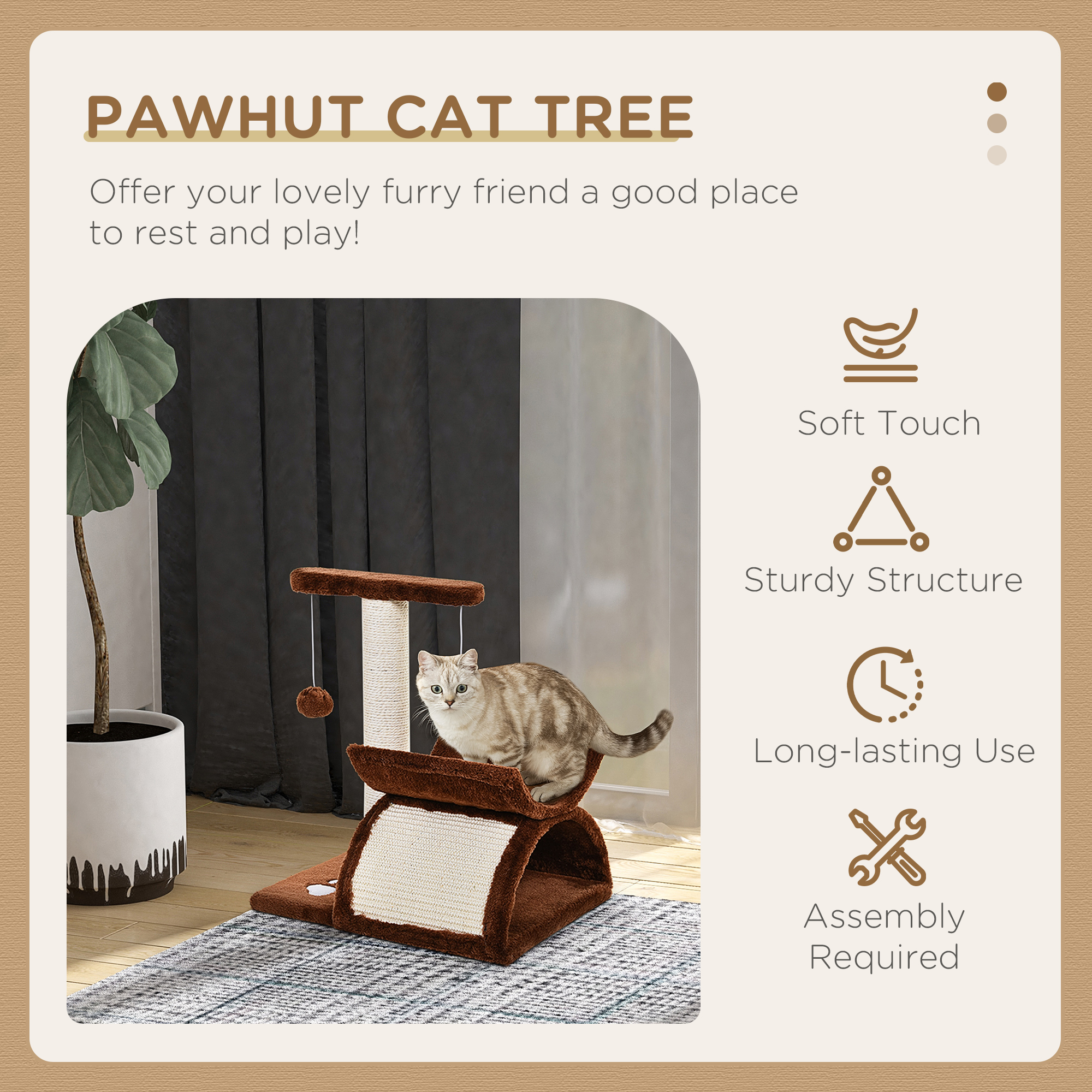 PawHut Cat Tree, Cat Tower for Kittens, Small Cat Condo with Rotatable Top Bar, Sisal Scratching Post, Tunnel, Dangling Balls - Brown