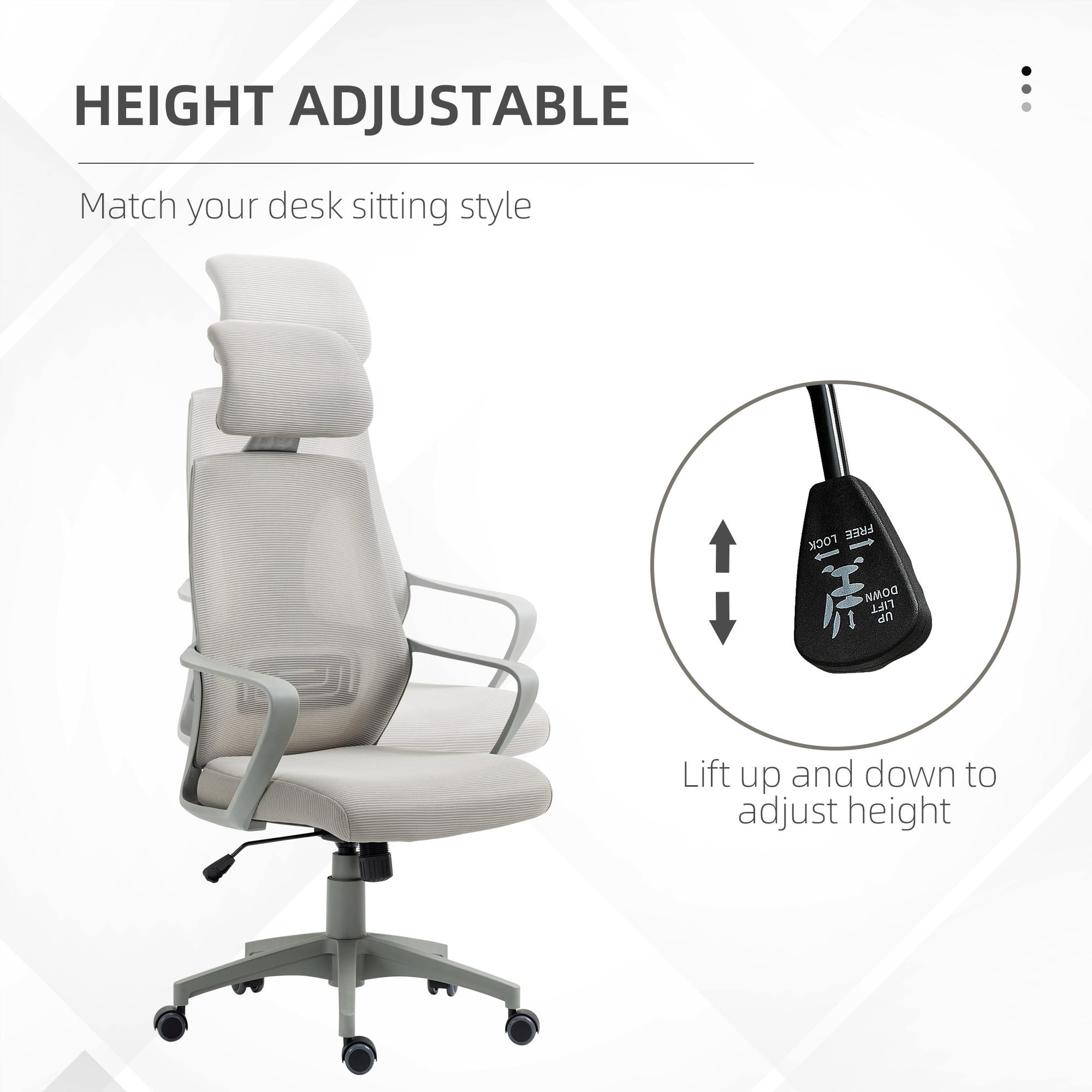Vinsetto Ergonomic Office Chair with Wheels, High Mesh Back & Adjustable Height for Home Office, Grey