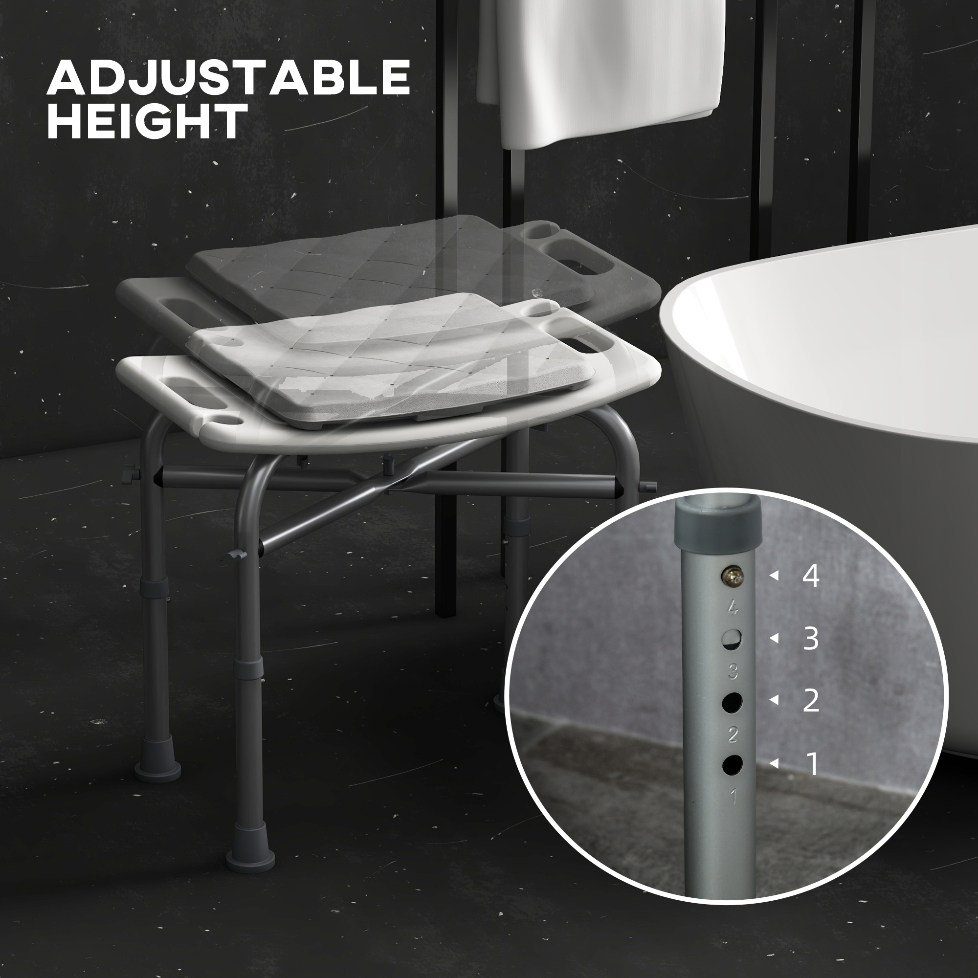 HOMCOM Adjustable Shower Chair for the Elderly, Aluminium Frame with Removable Cushion, Shower Head Holder, Non-Slip