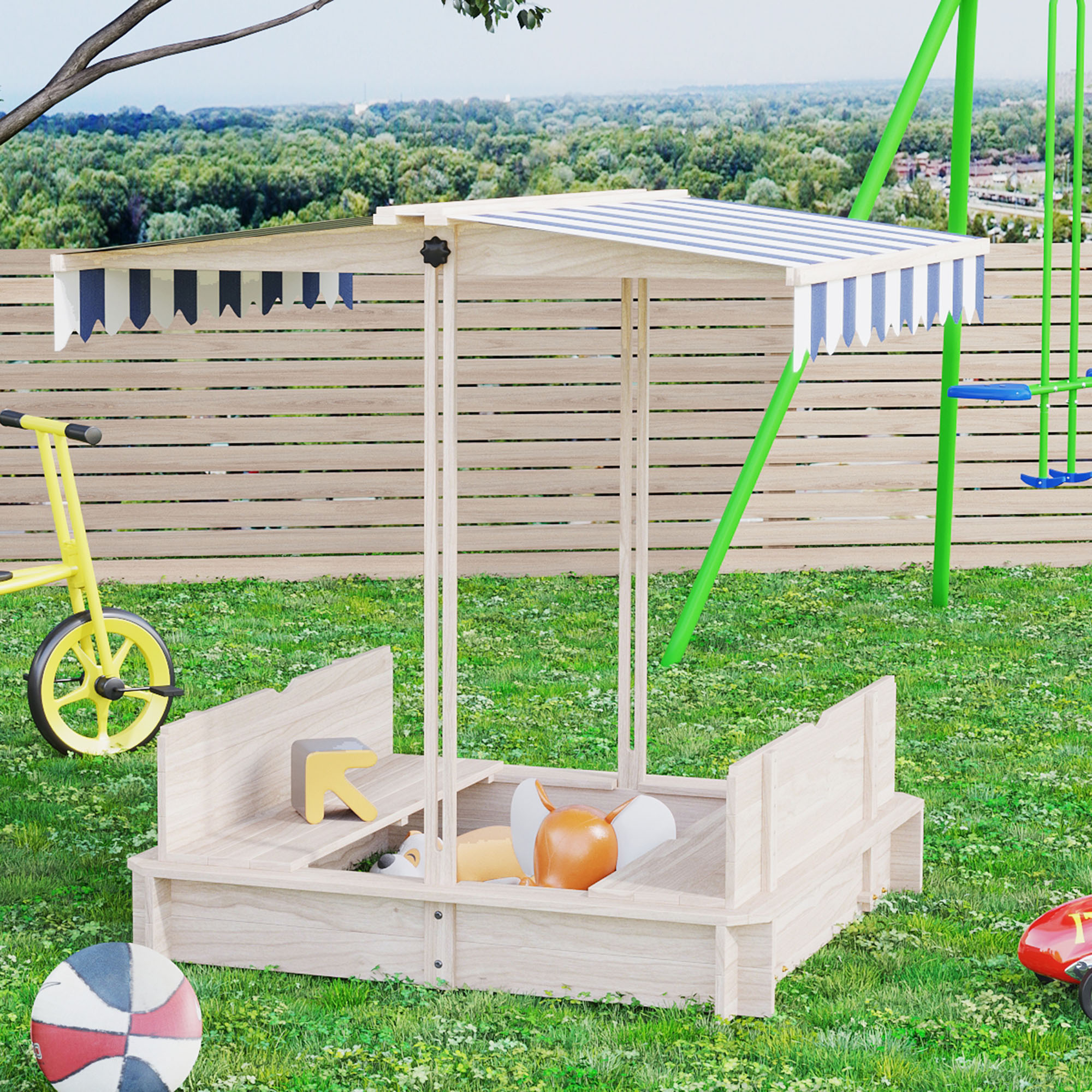 Outsunny Children Cabana Sandbox Kids Square Wooden Sandpit Outdoor Backyard Playset Play Station Adjustable Canopy, 106x106x121cm