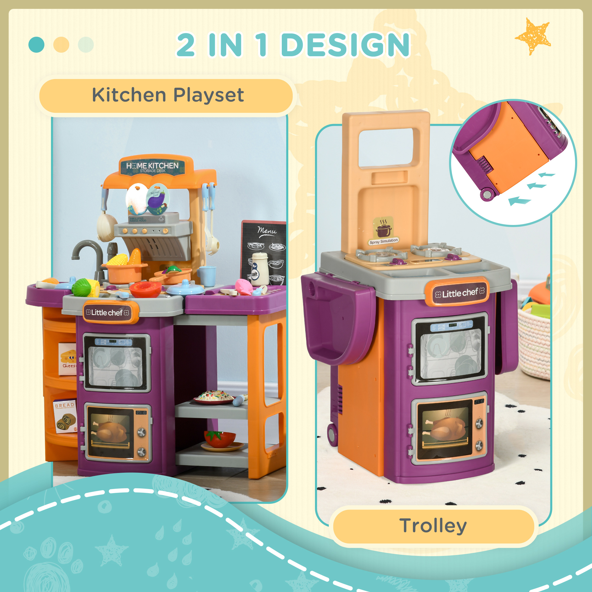Aiyaplay Children's Play Kitchen Trolley with 49 Accessories, Sound and Light Effects, Water Spray Feature, Multicolour