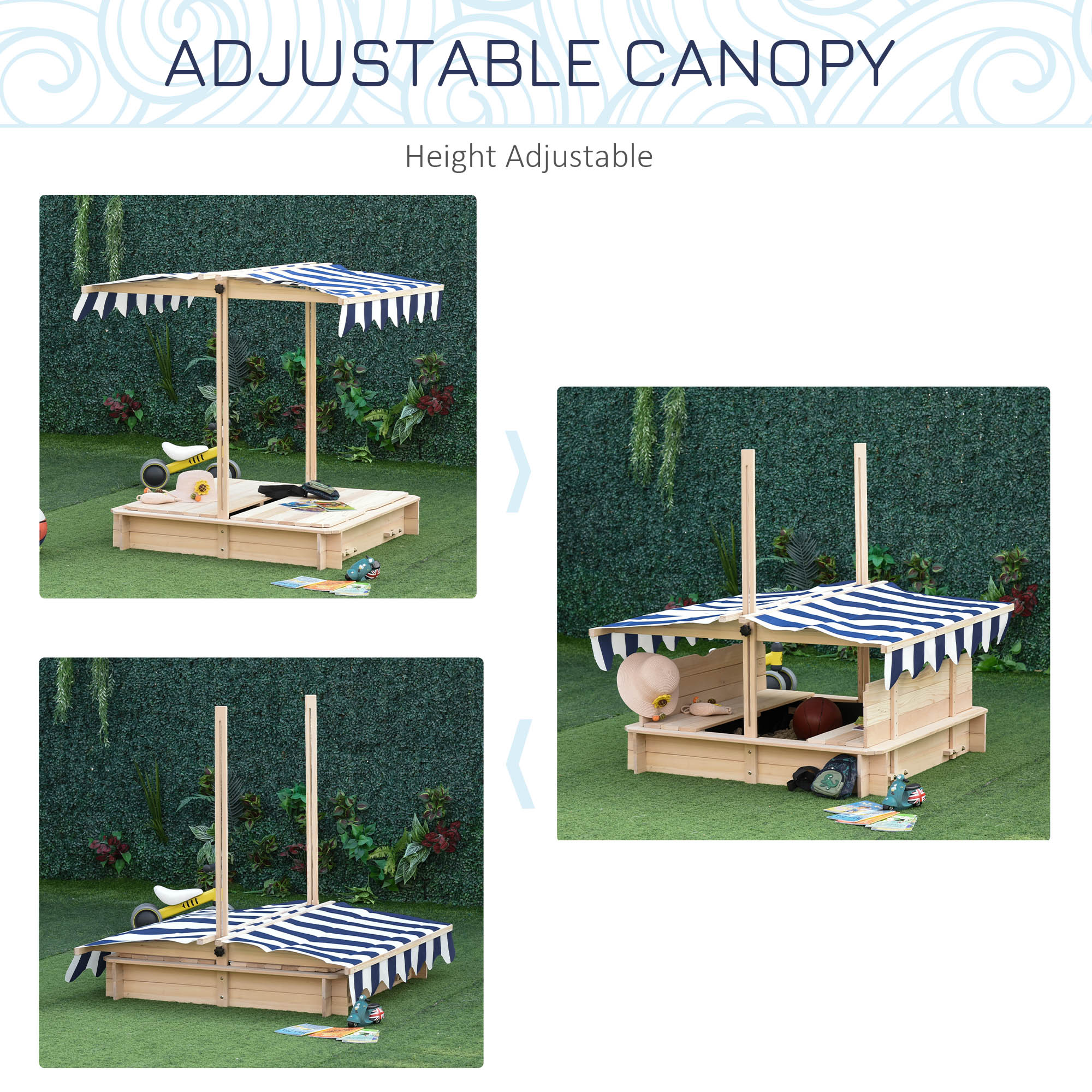 Outsunny Children Cabana Sandbox Kids Square Wooden Sandpit Outdoor Backyard Playset Play Station Adjustable Canopy, 106x106x121cm