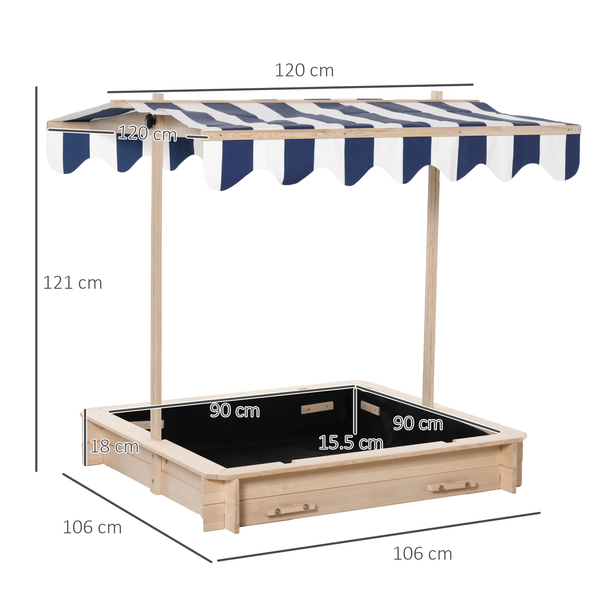 Outsunny Children Cabana Sandbox Kids Square Wooden Sandpit Outdoor Backyard Playset Play Station Adjustable Canopy, 106x106x121cm