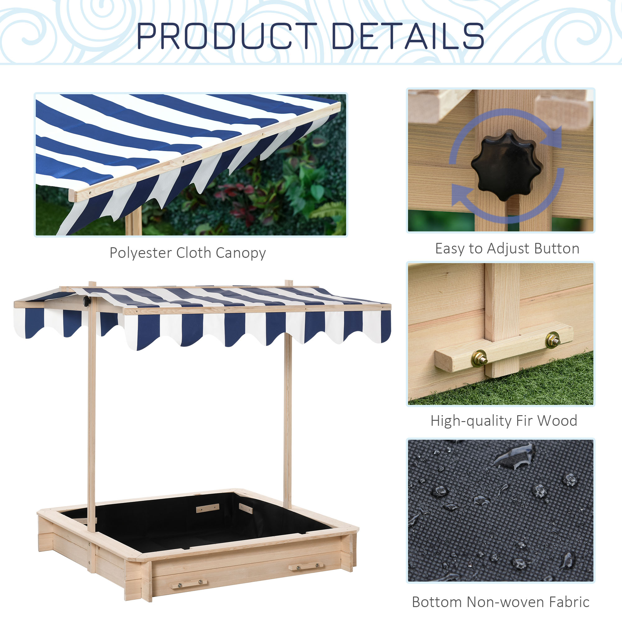Outsunny Children Cabana Sandbox Kids Square Wooden Sandpit Outdoor Backyard Playset Play Station Adjustable Canopy, 106x106x121cm