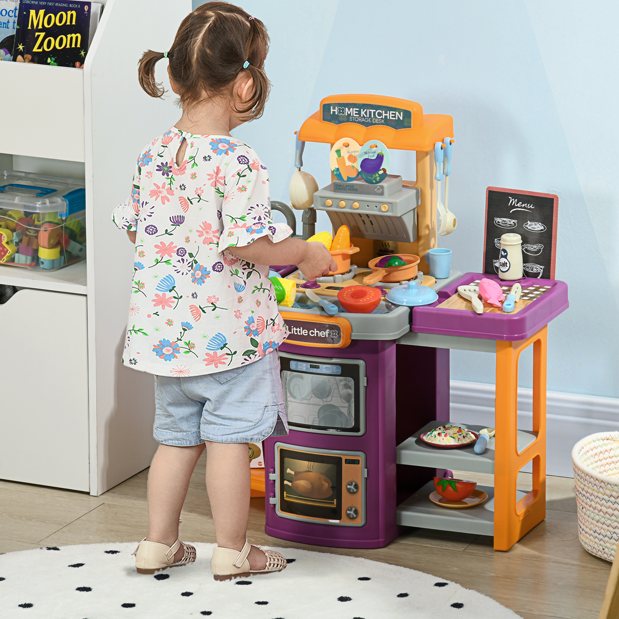 Aiyaplay Children's Play Kitchen Trolley with 49 Accessories, Sound and Light Effects, Water Spray Feature, Multicolour
