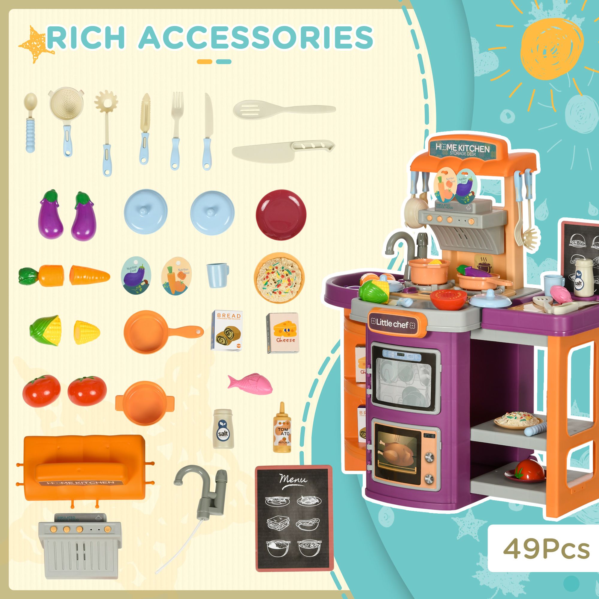 Aiyaplay Children's Play Kitchen Trolley with 49 Accessories, Sound and Light Effects, Water Spray Feature, Multicolour