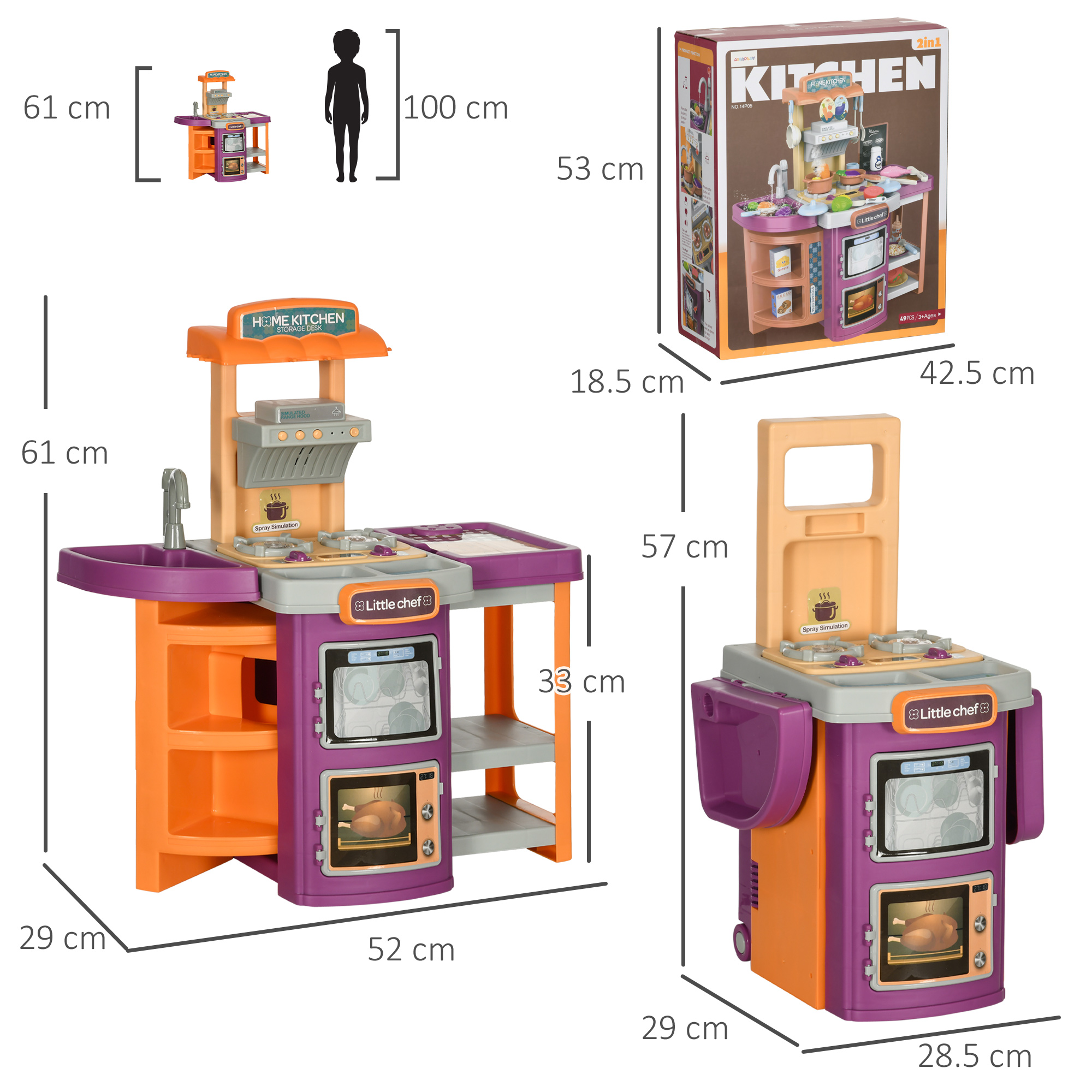 Aiyaplay Children's Play Kitchen Trolley with 49 Accessories, Sound and Light Effects, Water Spray Feature, Multicolour