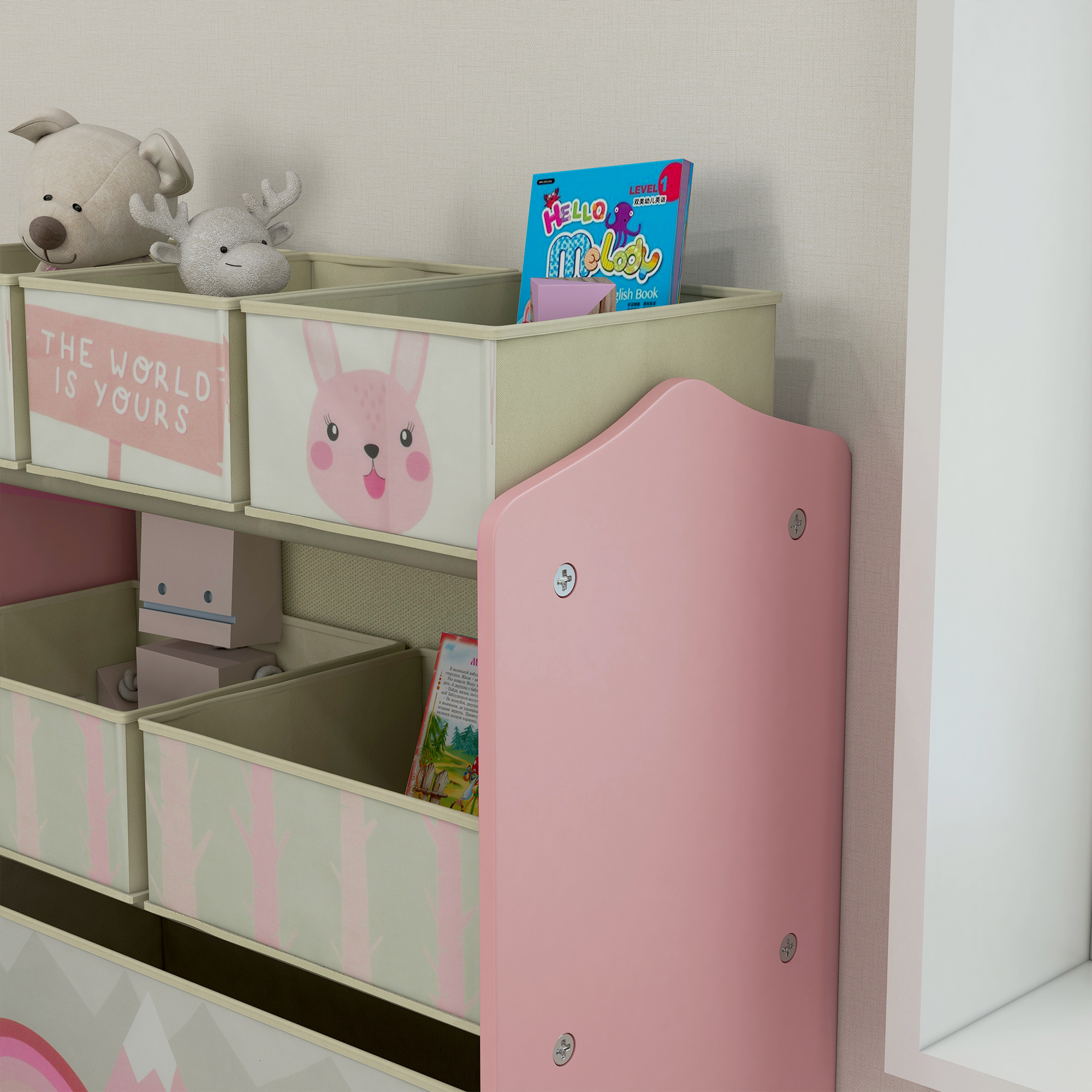 ZONEKIZ Children's Toy Storage Unit with 6 Fabric Bins, Bedroom and Nursery Organiser, 63 x 30 x 66cm, Pink