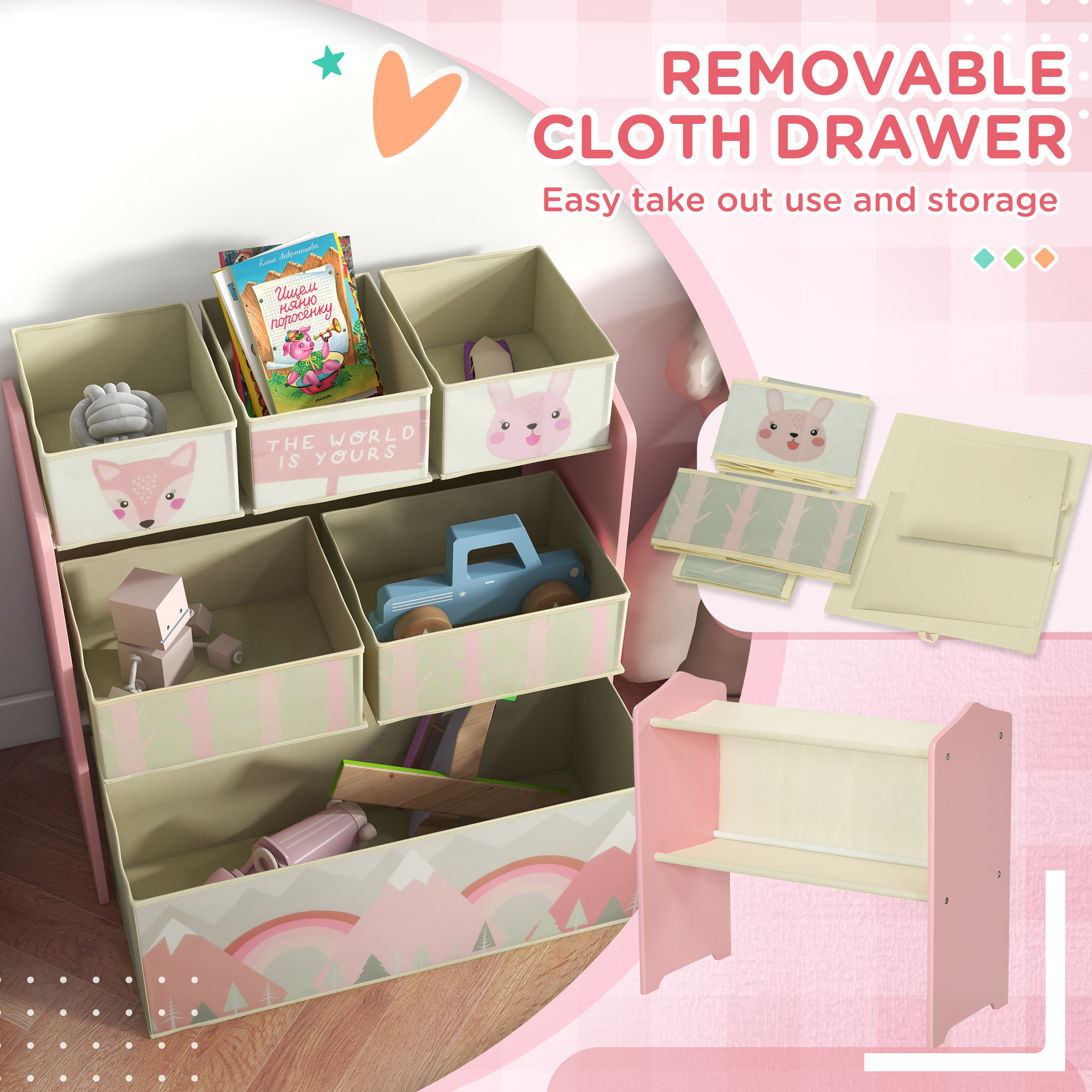 ZONEKIZ Children's Toy Storage Unit with 6 Fabric Bins, Bedroom and Nursery Organiser, 63 x 30 x 66cm, Pink