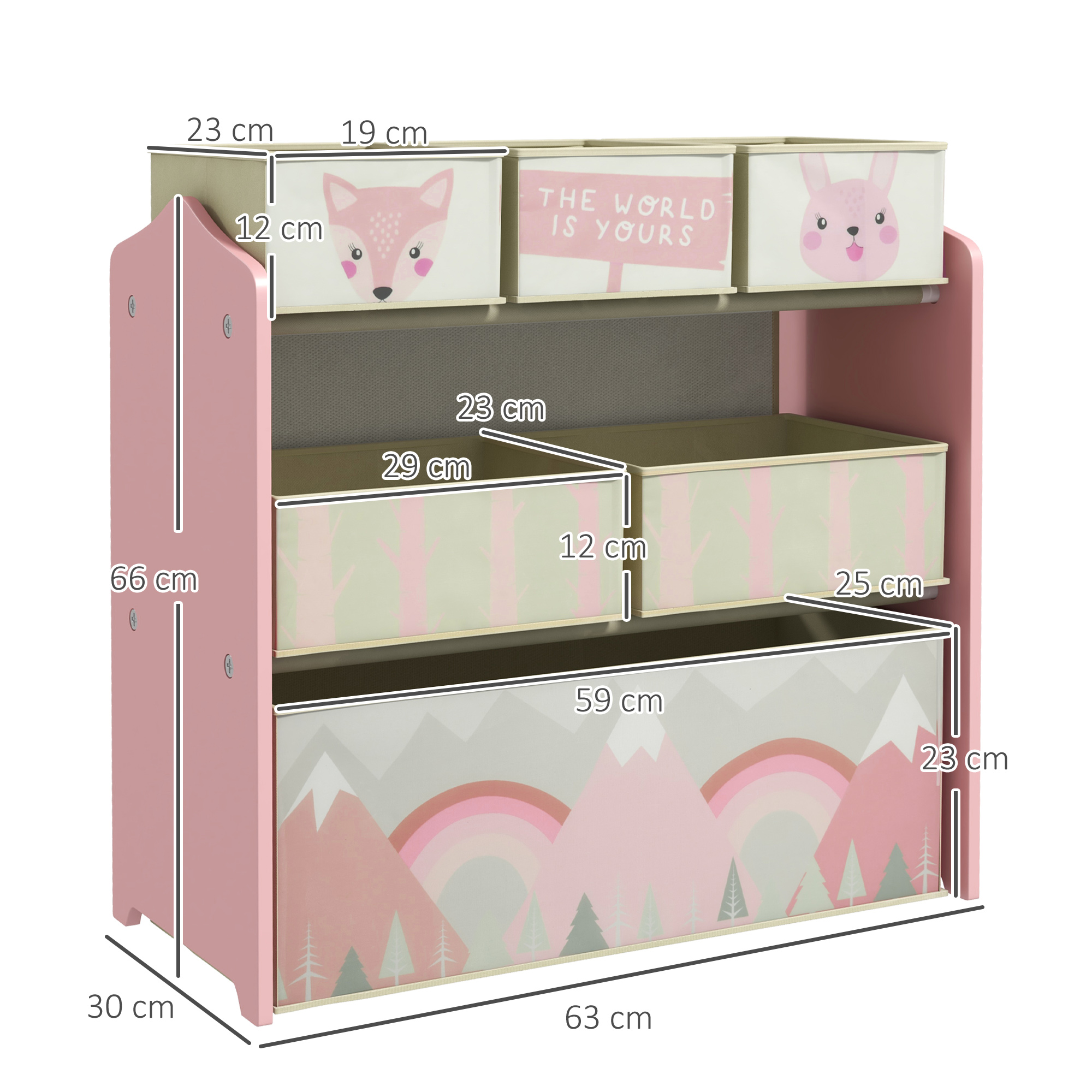 ZONEKIZ Children's Toy Storage Unit with 6 Fabric Bins, Bedroom and Nursery Organiser, 63 x 30 x 66cm, Pink