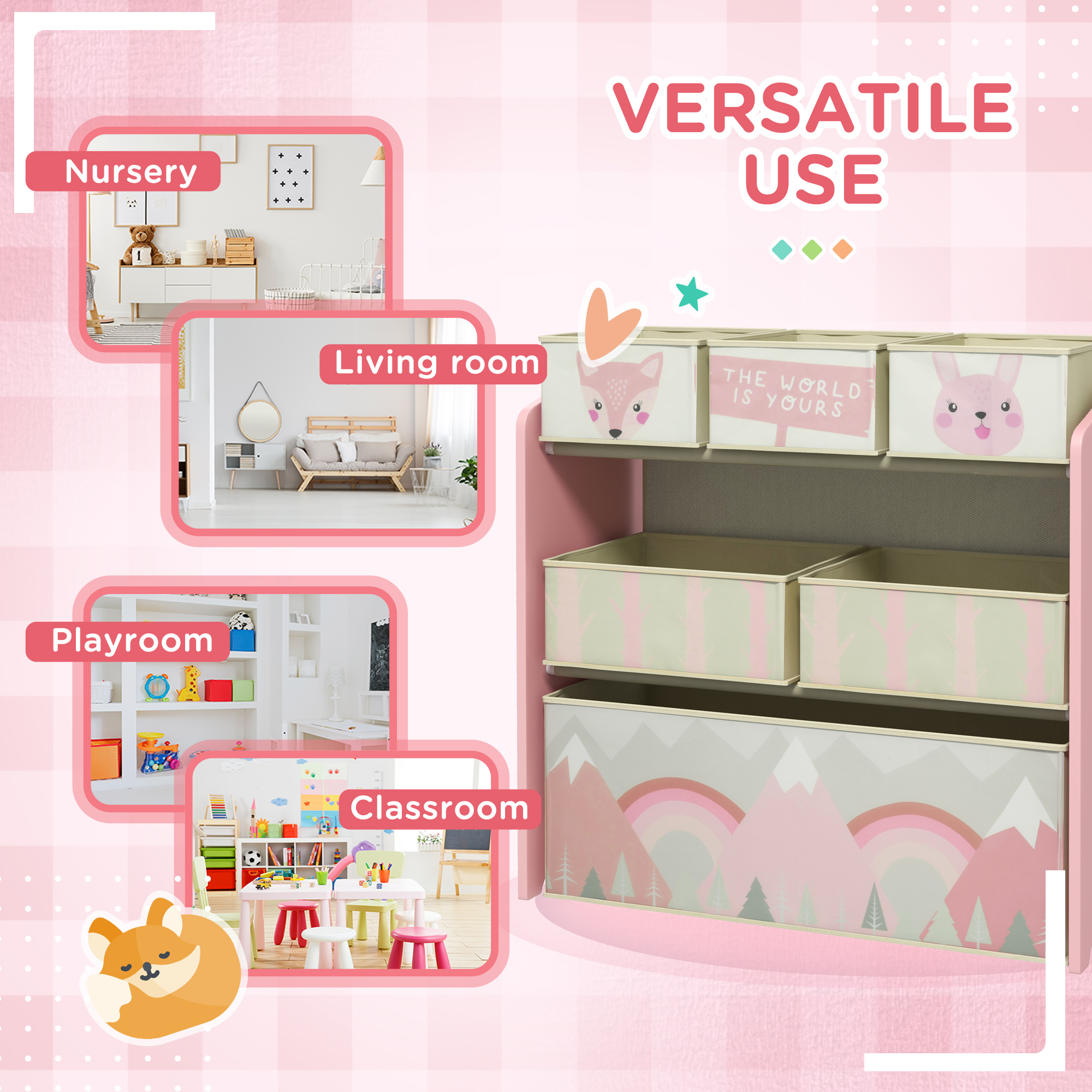 ZONEKIZ Children's Toy Storage Unit with 6 Fabric Bins, Bedroom and Nursery Organiser, 63 x 30 x 66cm, Pink