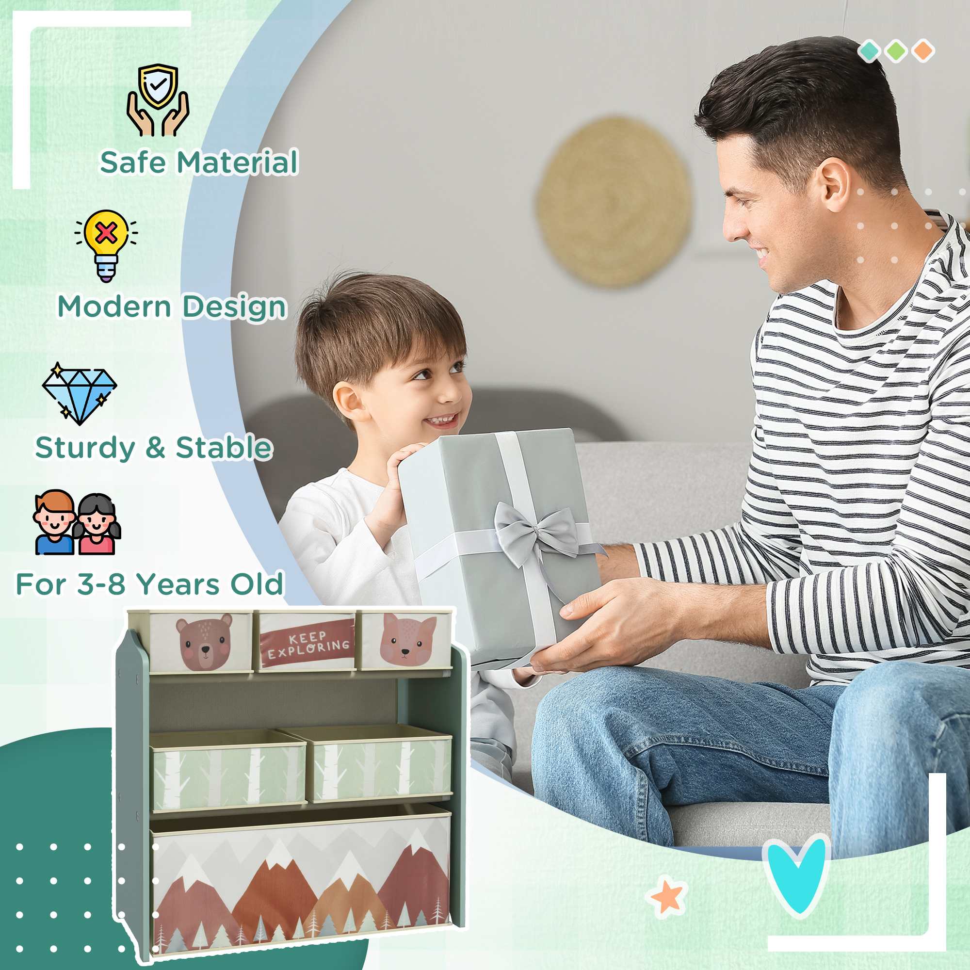 ZONEKIZ Children's Toy Storage Unit with 6 Fabric Bins, Organiser for Bedroom, Nursery, Green