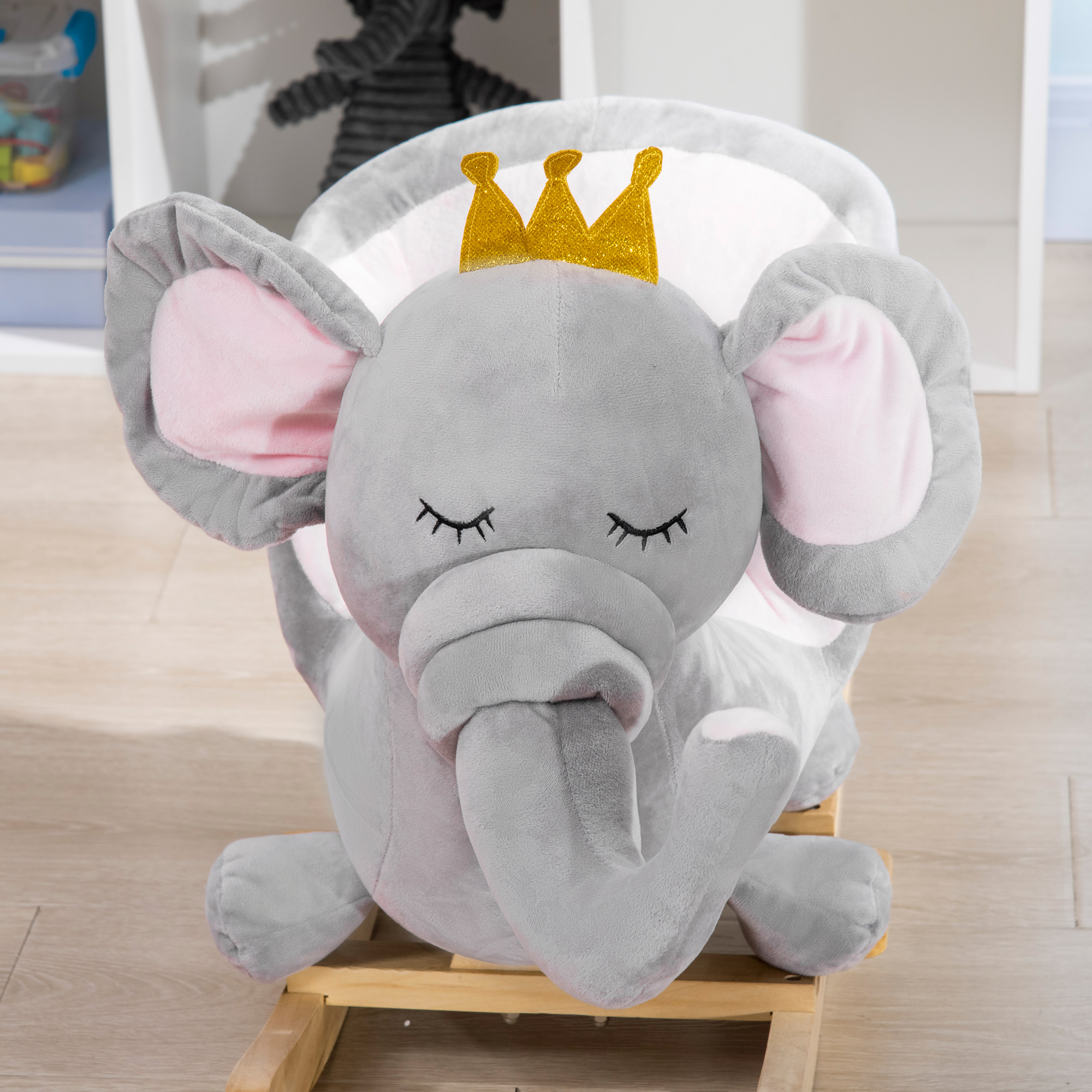 HOMCOM Elephant Baby Rocking Horse with Wooden Base, Safety Belt, Rocker Chair Toy for 1.5-3 Years, Grey