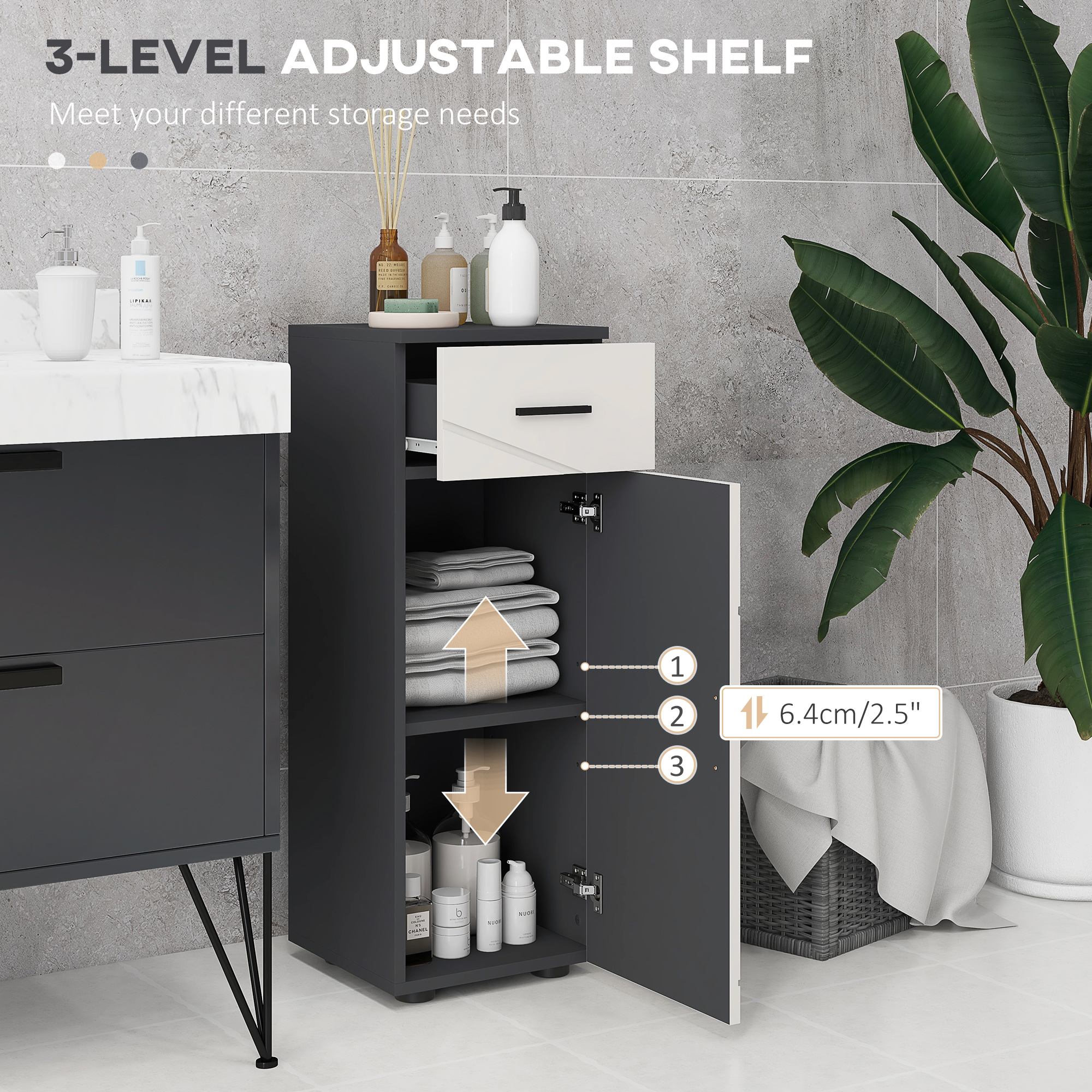 Kleankin Narrow Bathroom Cabinet, Slim Storage Unit with Drawer, Door, Adjustable Shelf, Soft Close, Grey