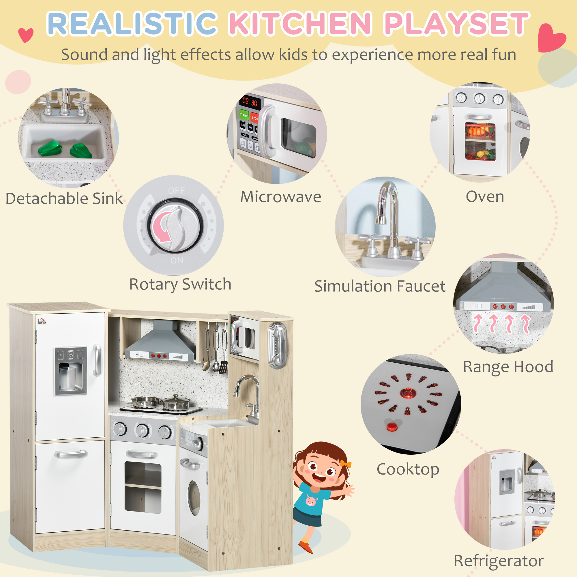 HOMCOM Interactive Wooden Play Kitchen for Children, Pretend Play Set with Sounds, Lights, Phone, Microwave, Fridge, Ice Maker