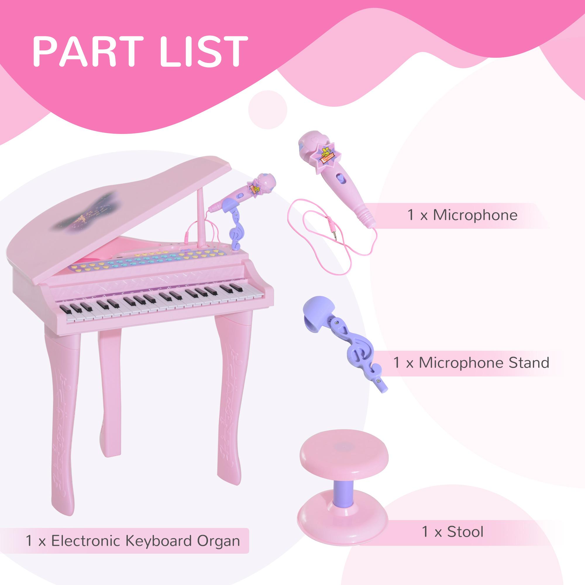 HOMCOM Mini Electronic Piano with Stool, Educational Musical Instrument, Interactive Play, Pink