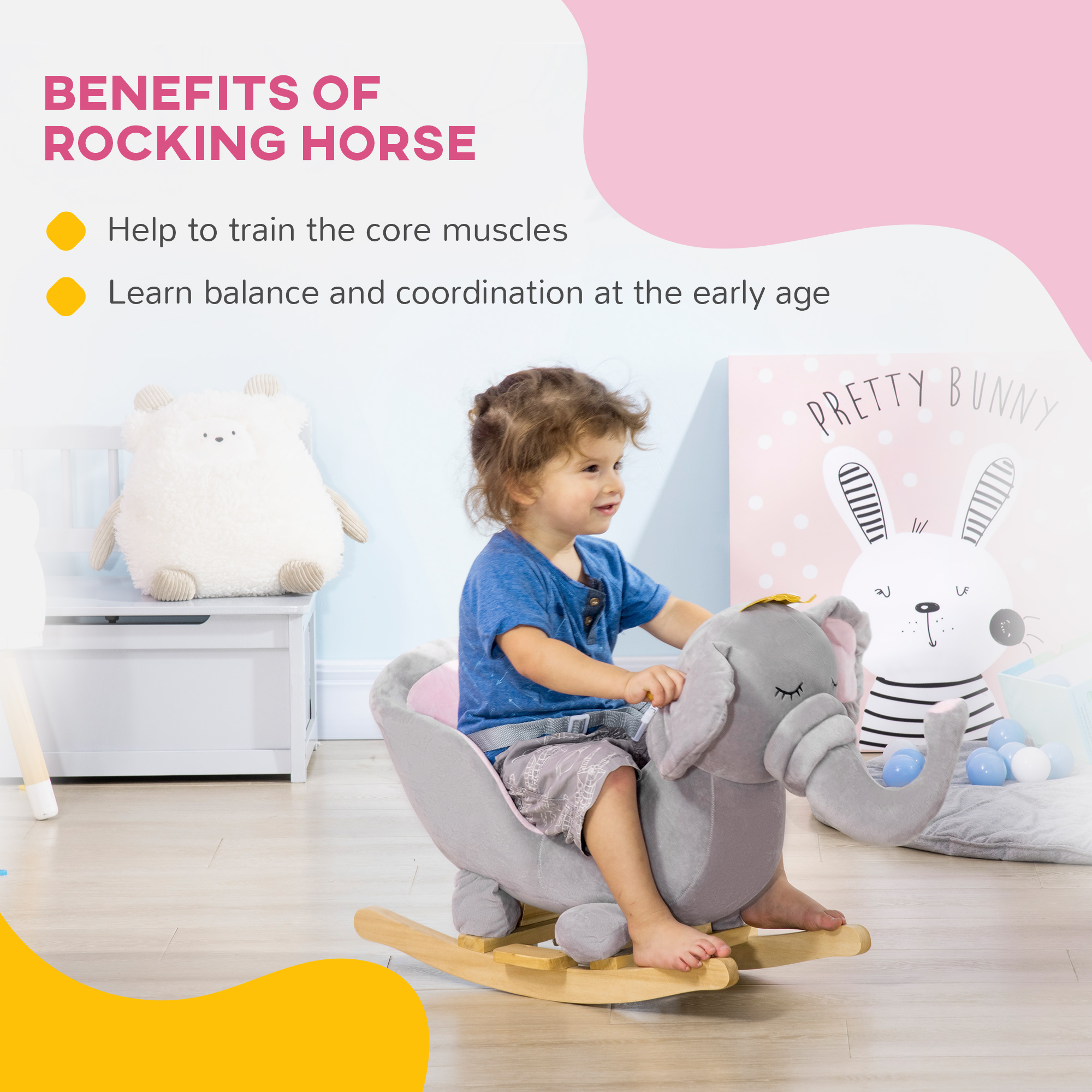 HOMCOM Elephant Baby Rocking Horse with Wooden Base, Safety Belt, Rocker Chair Toy for 1.5-3 Years, Grey