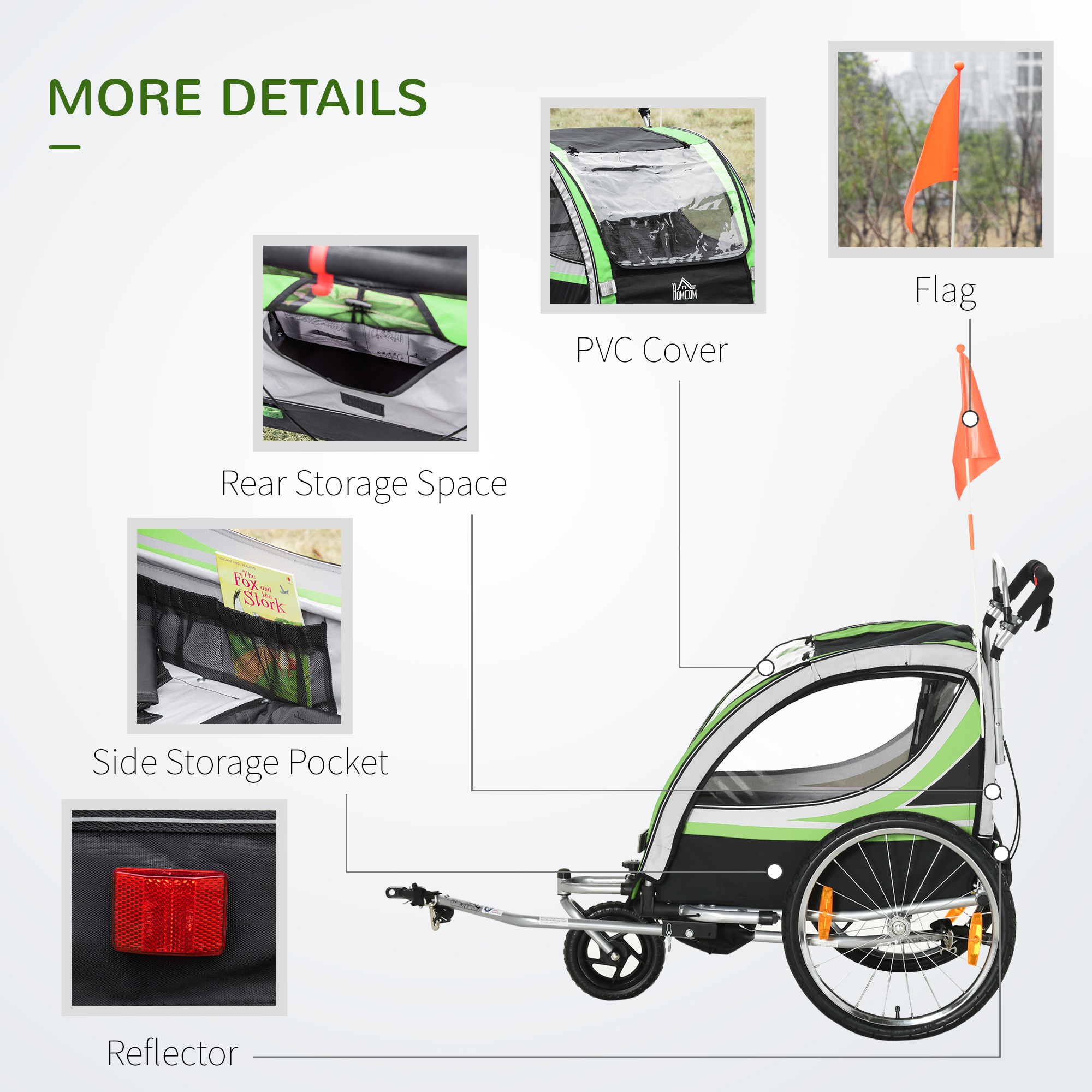 HOMCOM Child Bike Trailer 2 In 1 Baby Stroller 2-Seater Transport Carrier with Hitch Coupler, Brake, 5 Point Harness, Storage Bag, Reflector, Green