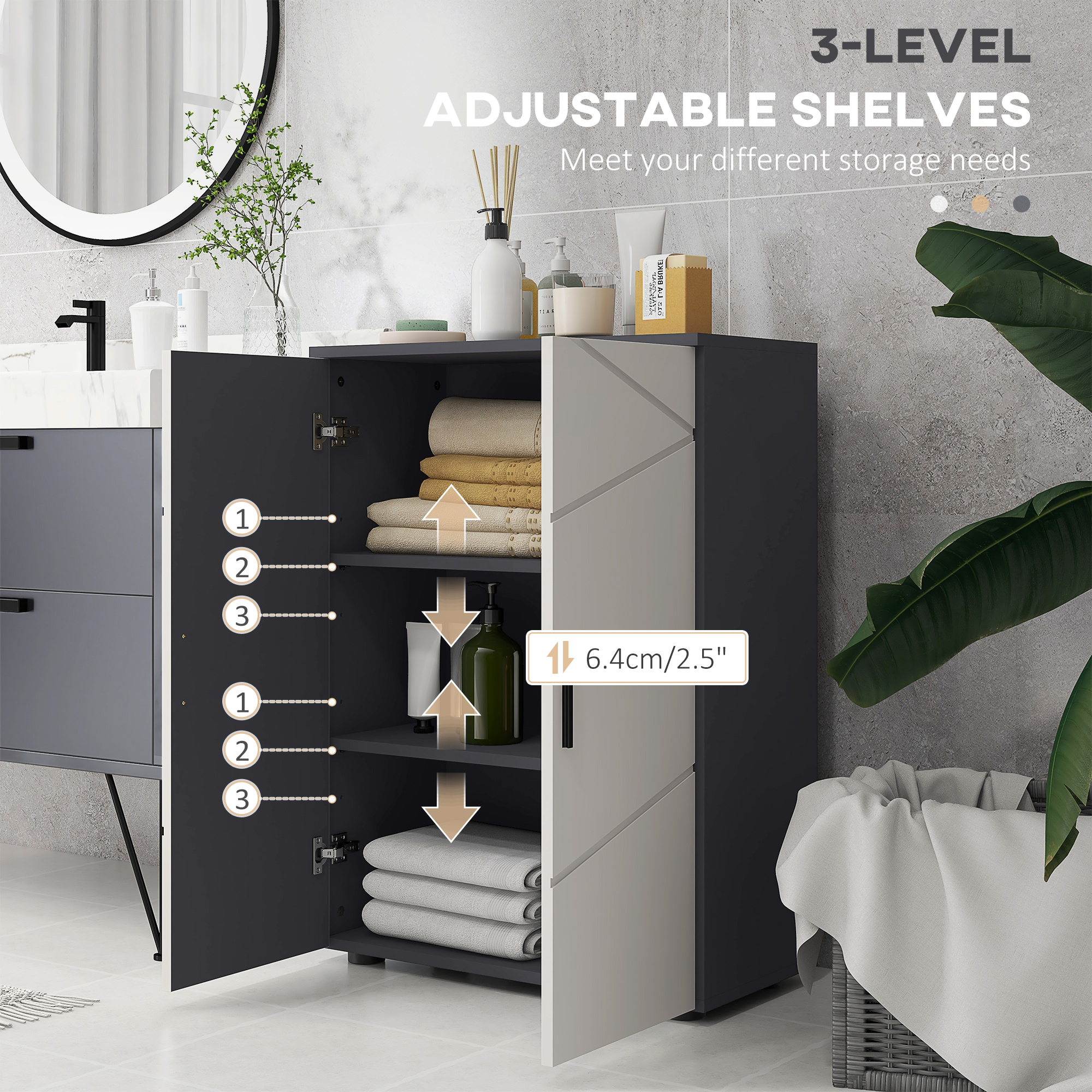 Kleankin Bathroom Storage Cabinet, Compact 2-Door Cupboard with Adjustable Shelves & Soft Close, Grey