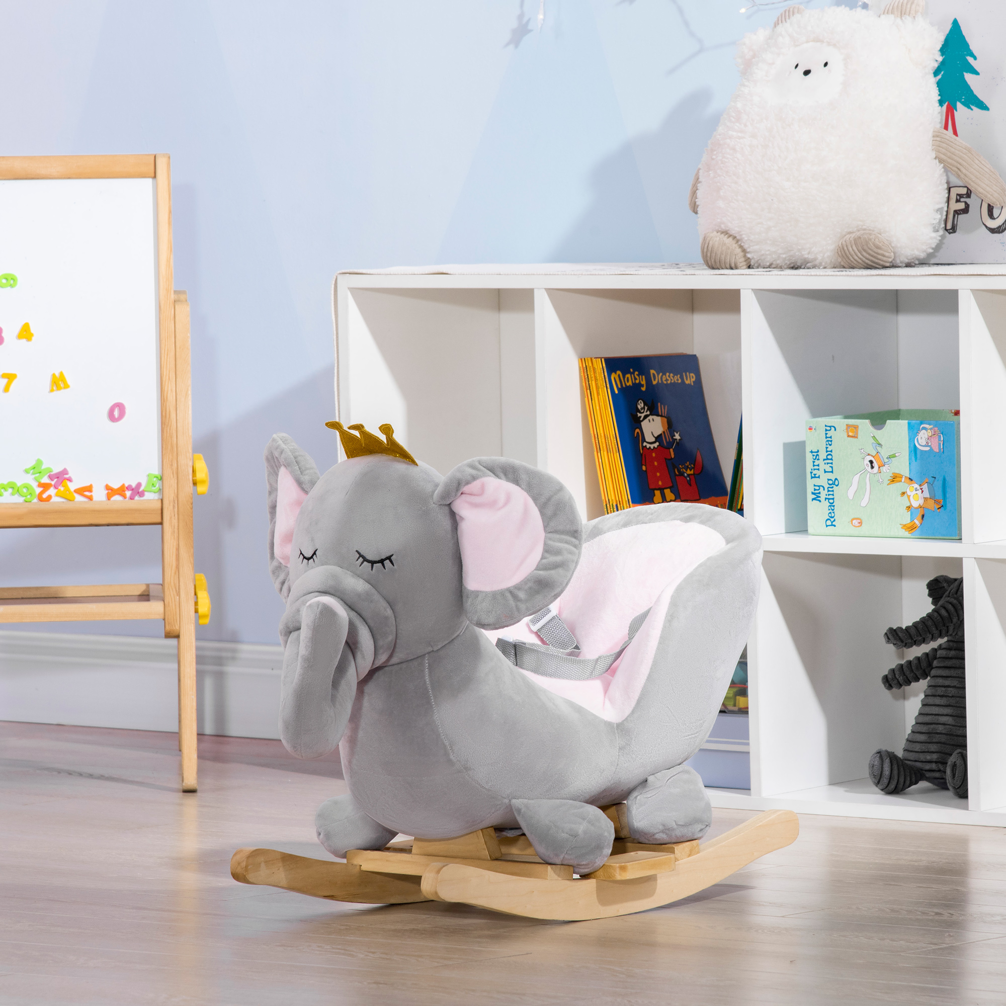 HOMCOM Elephant Baby Rocking Horse with Wooden Base, Safety Belt, Rocker Chair Toy for 1.5-3 Years, Grey