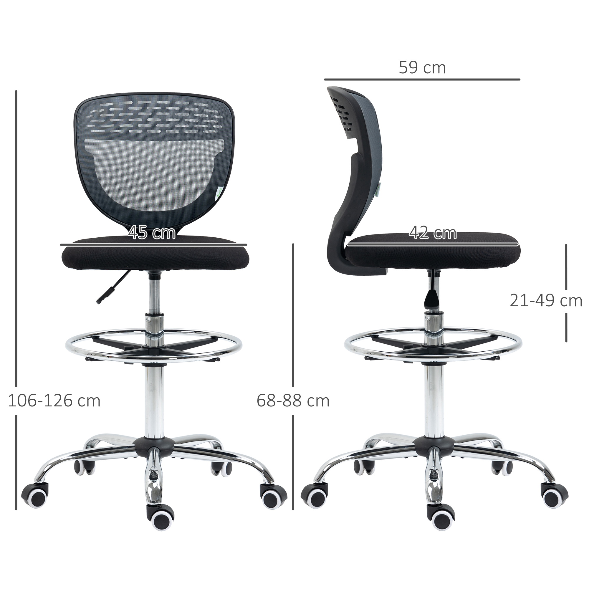 Vinsetto Ergonomic Draughtsman Chair, Armless Swivel Office Chair, Mesh Back with Lumbar Support & Adjustable Foot Ring, Grey