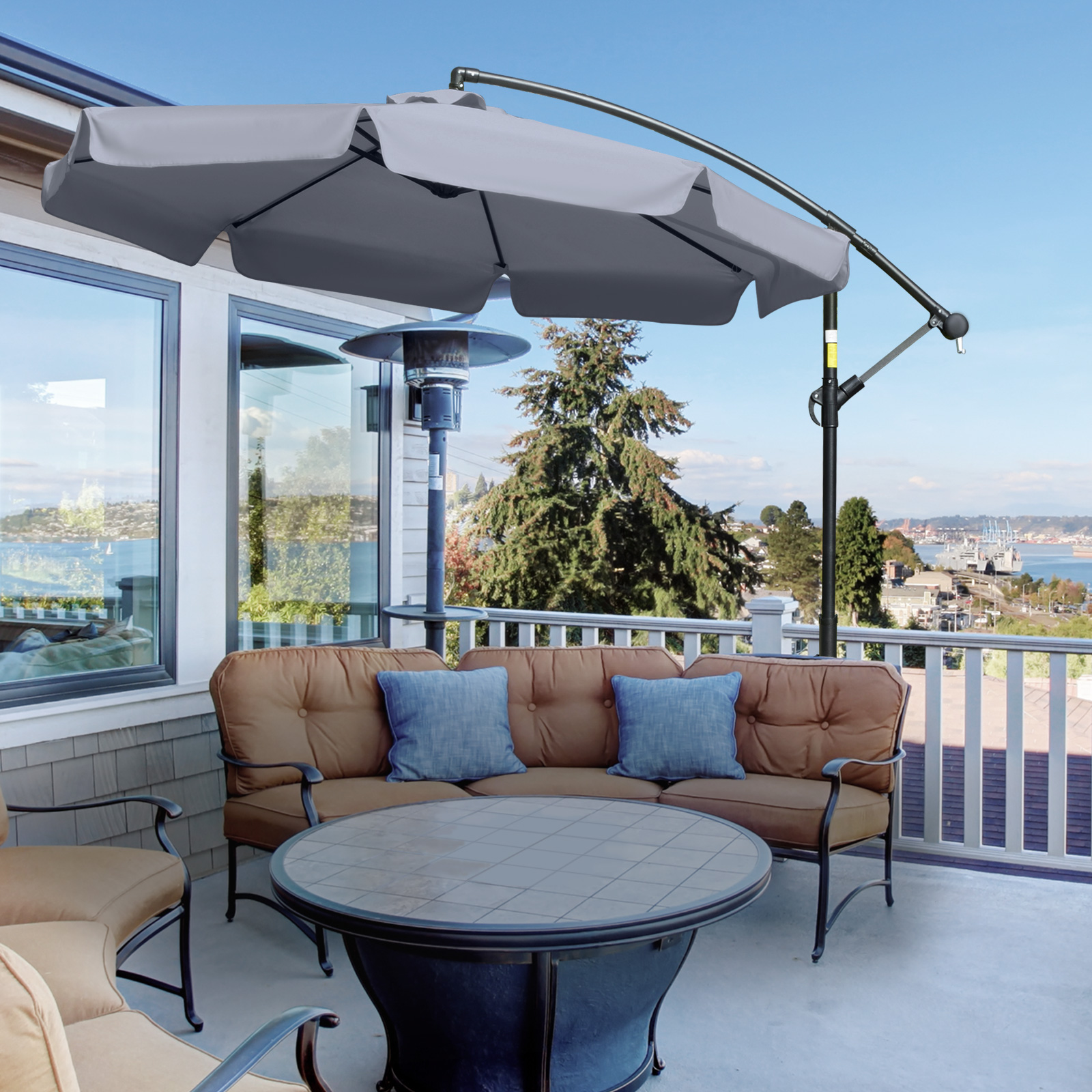 Outsunny 2.7m Cantilever Umbrella, Banana Hanging Parasol with Crank Handle, Cross Base, Outdoor Sun Shade, Dark Grey