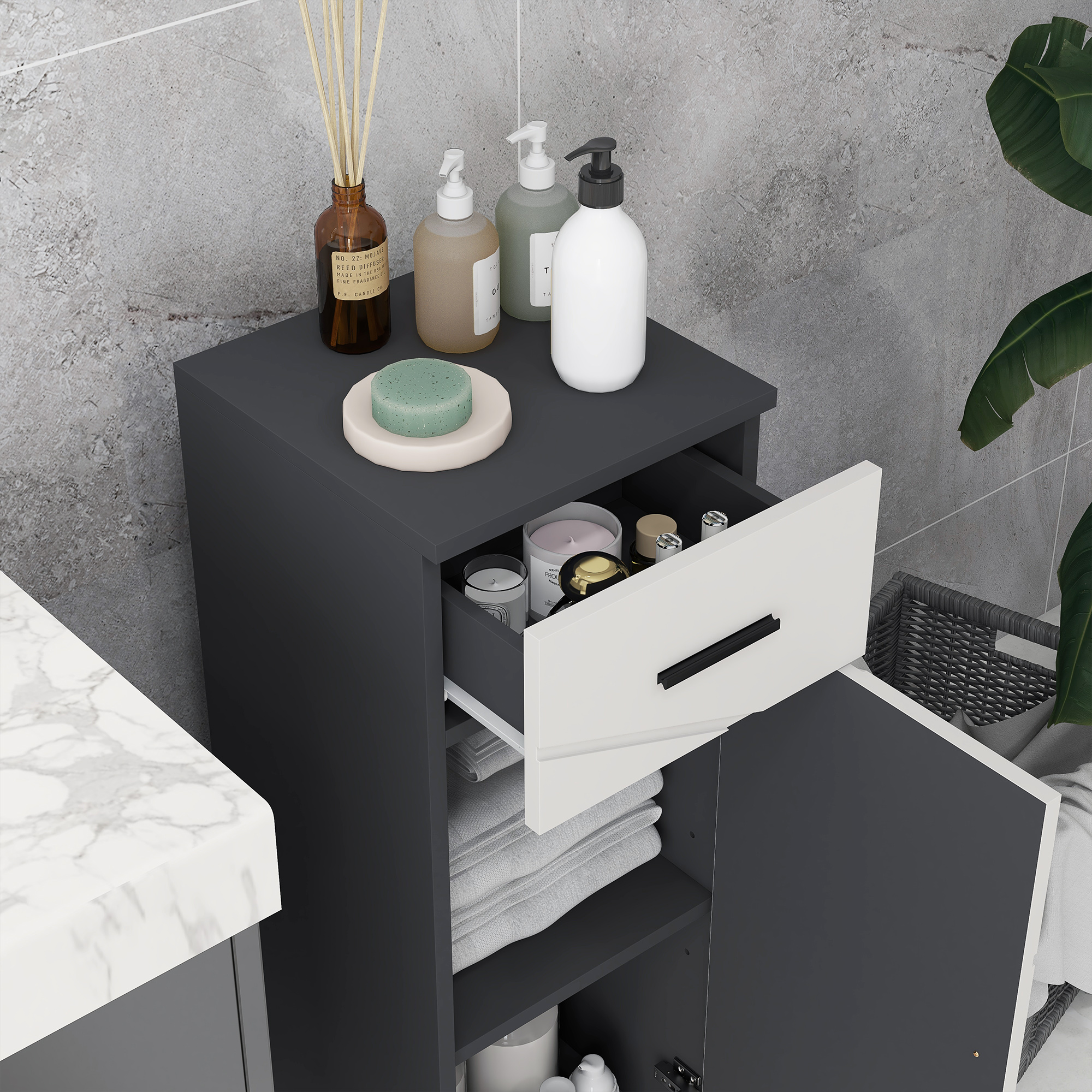 Kleankin Narrow Bathroom Cabinet, Slim Storage Unit with Drawer, Door, Adjustable Shelf, Soft Close, Grey