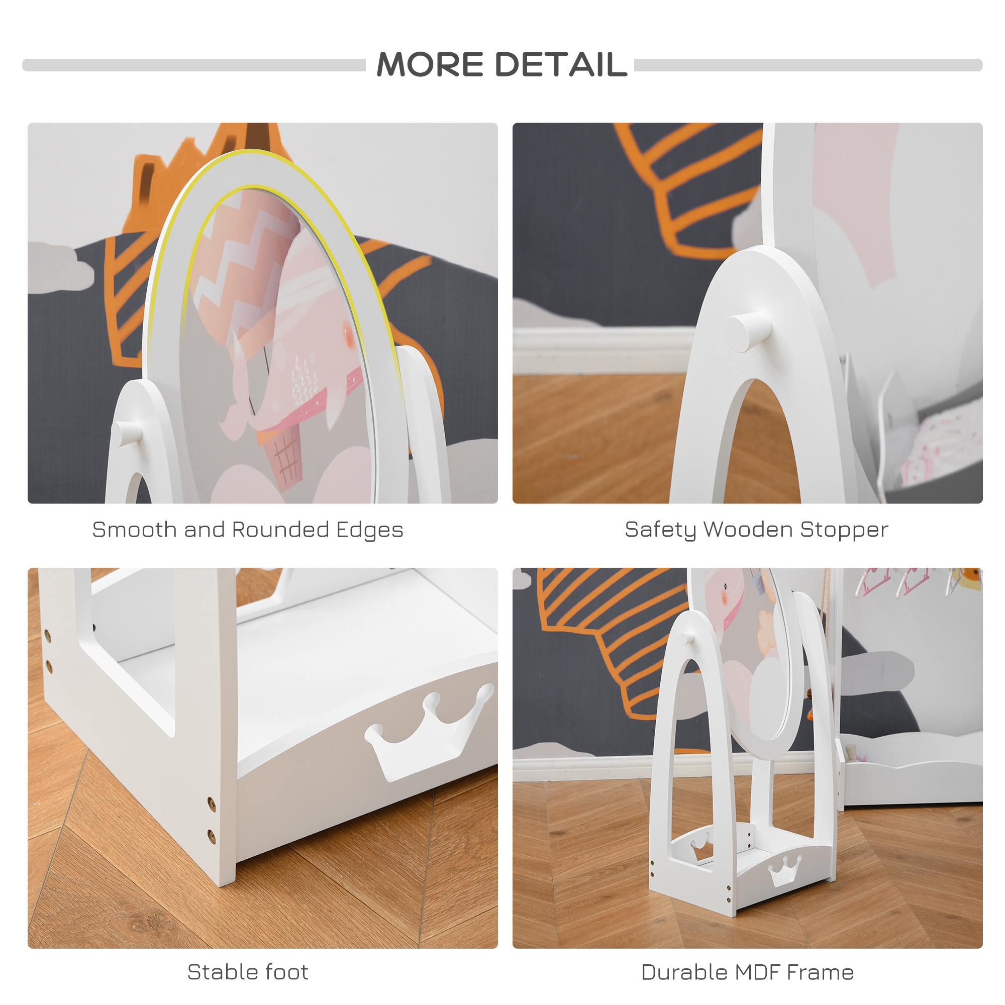 HOMCOM Free Standing Full Length Mirror, Child's Dressing Mirror with storage shelf 360Â° Rotation MDF, For 3- 8 Years Old, 40L x 30W x 104H cm