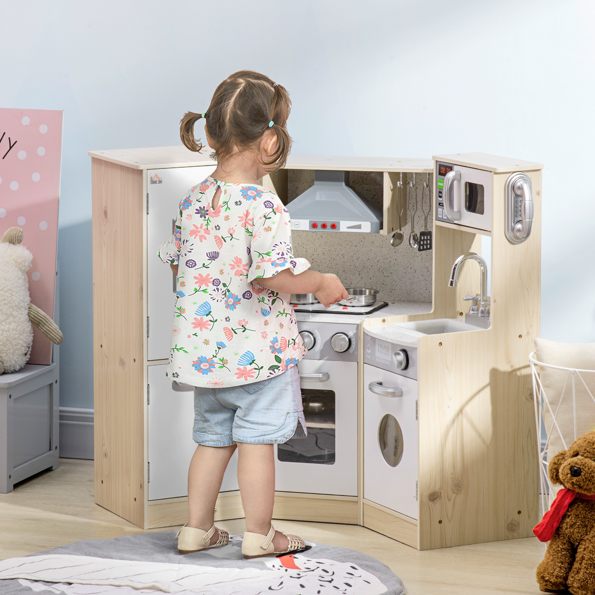 HOMCOM Interactive Wooden Play Kitchen for Children, Pretend Play Set with Sounds, Lights, Phone, Microwave, Fridge, Ice Maker