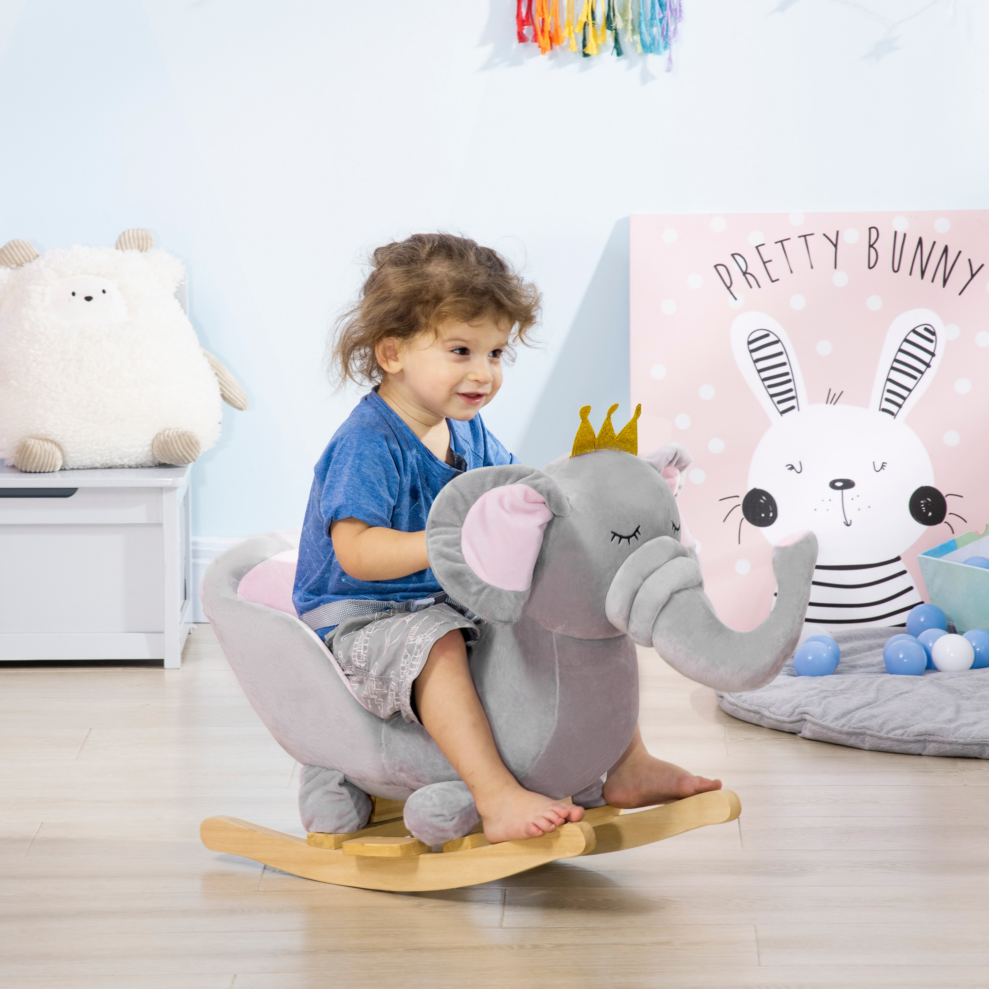 HOMCOM Elephant Baby Rocking Horse with Wooden Base, Safety Belt, Rocker Chair Toy for 1.5-3 Years, Grey