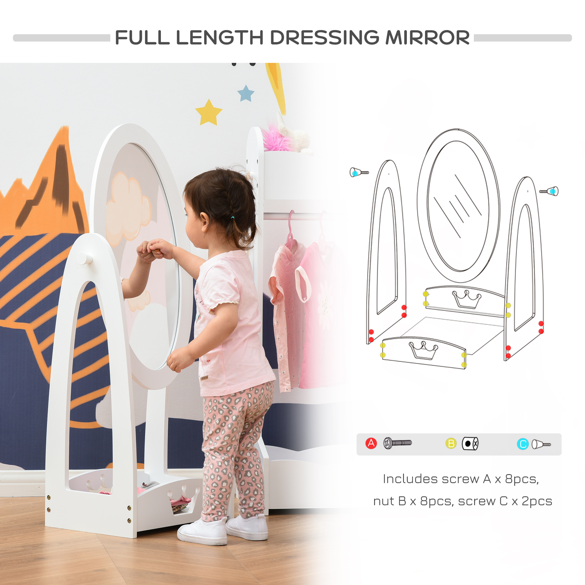 HOMCOM Free Standing Full Length Mirror, Child's Dressing Mirror with storage shelf 360Â° Rotation MDF, For 3- 8 Years Old, 40L x 30W x 104H cm