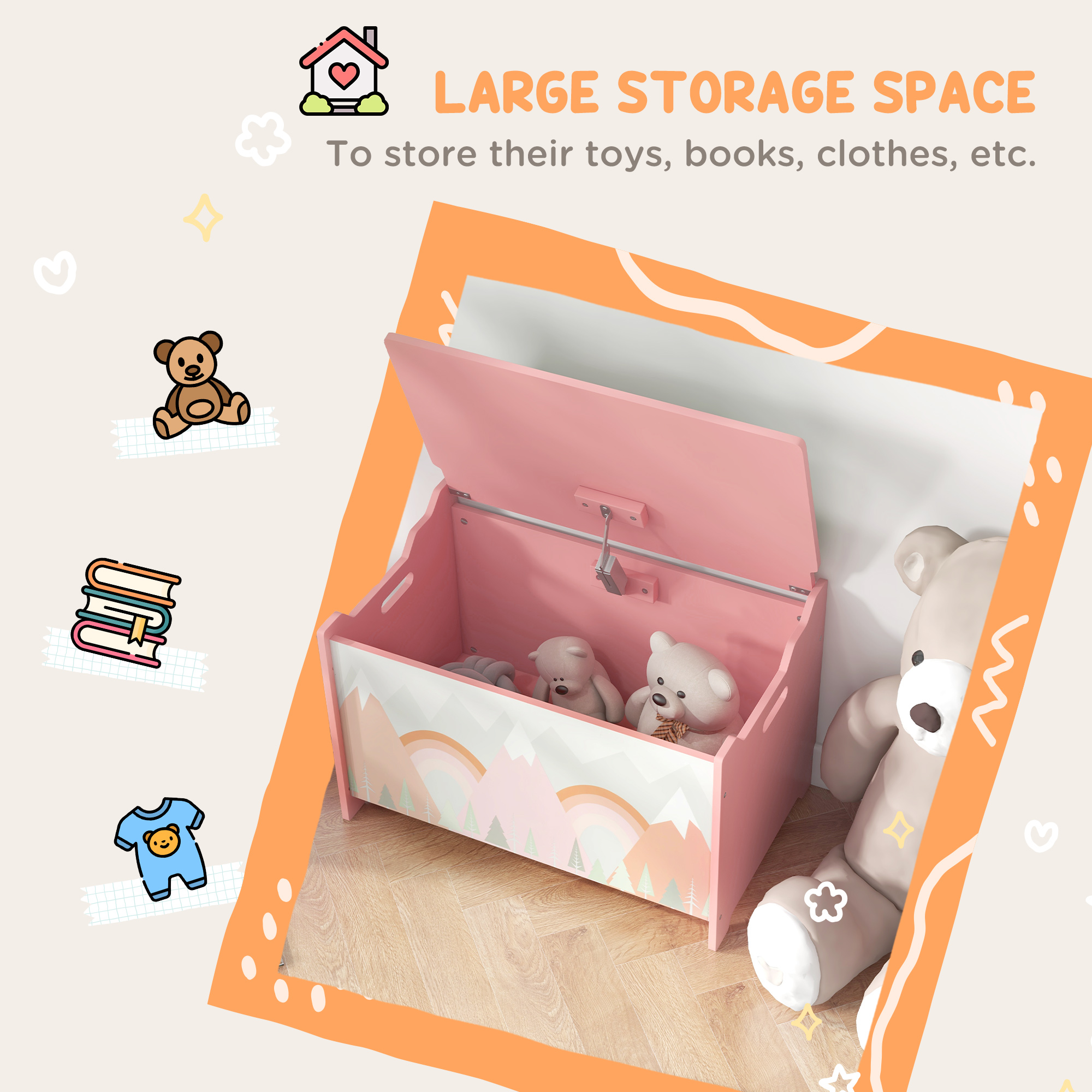 ZONEKIZ Toy Chest, Kids Storage Box with Safety Hinge, Cute Animal Theme, Durable and Spacious, Pink
