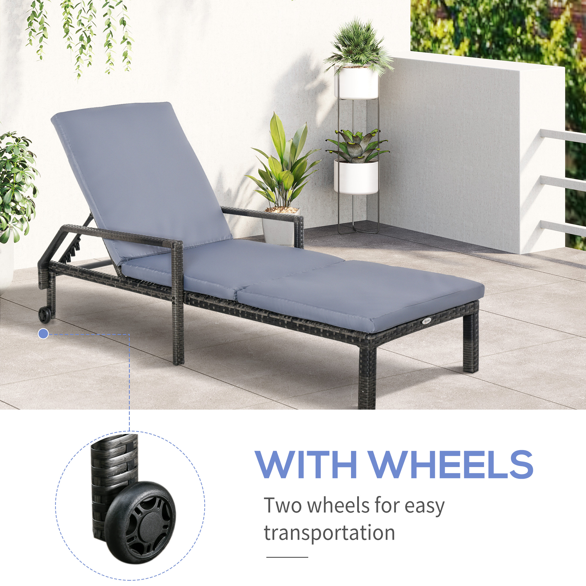 Outsunny Rattan Wicker Sun Lounger, Outdoor Recliner Chair with 5-Level Adjustable Backrest, 2 Wheels, Mixed Grey