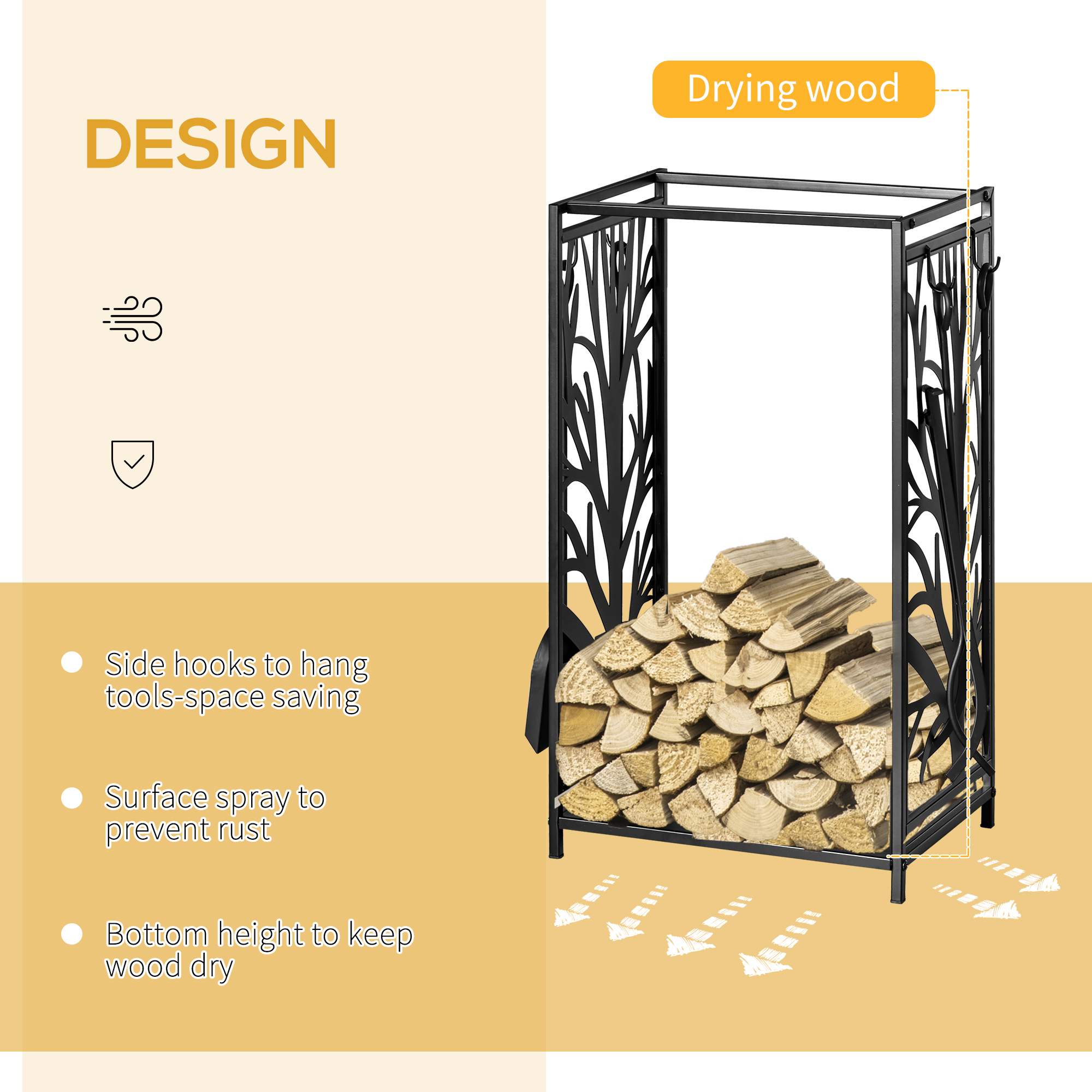 HOMCOM Heavy Duty Firewood Wood Log Rack Fireplace Wood Stacker Storage w/ 4 Tools, Black