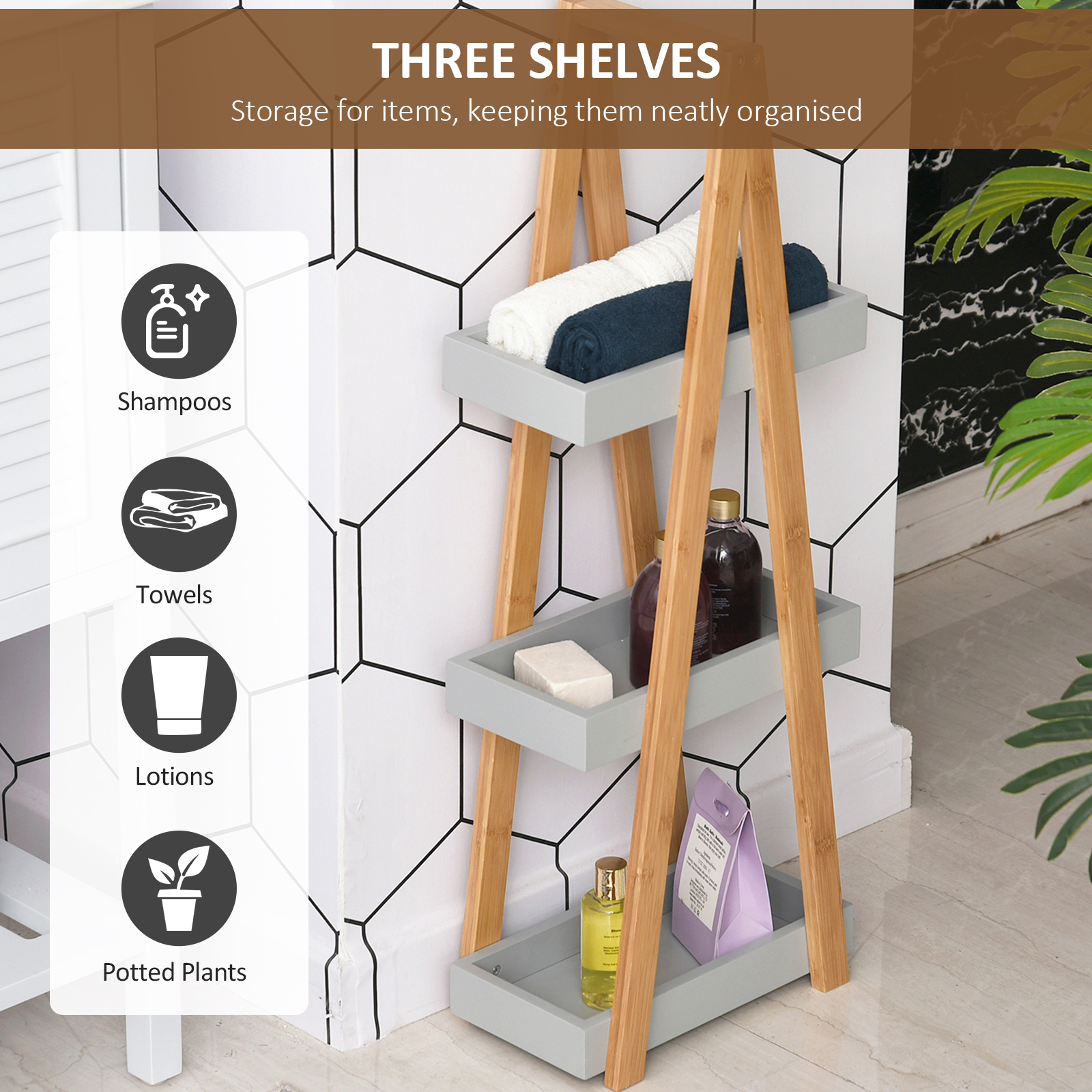 Kleankin Freestanding Bathroom Storage, 3-Tier Bamboo Shelving Unit, Slim A-Frame Design for Space Saving, Natural