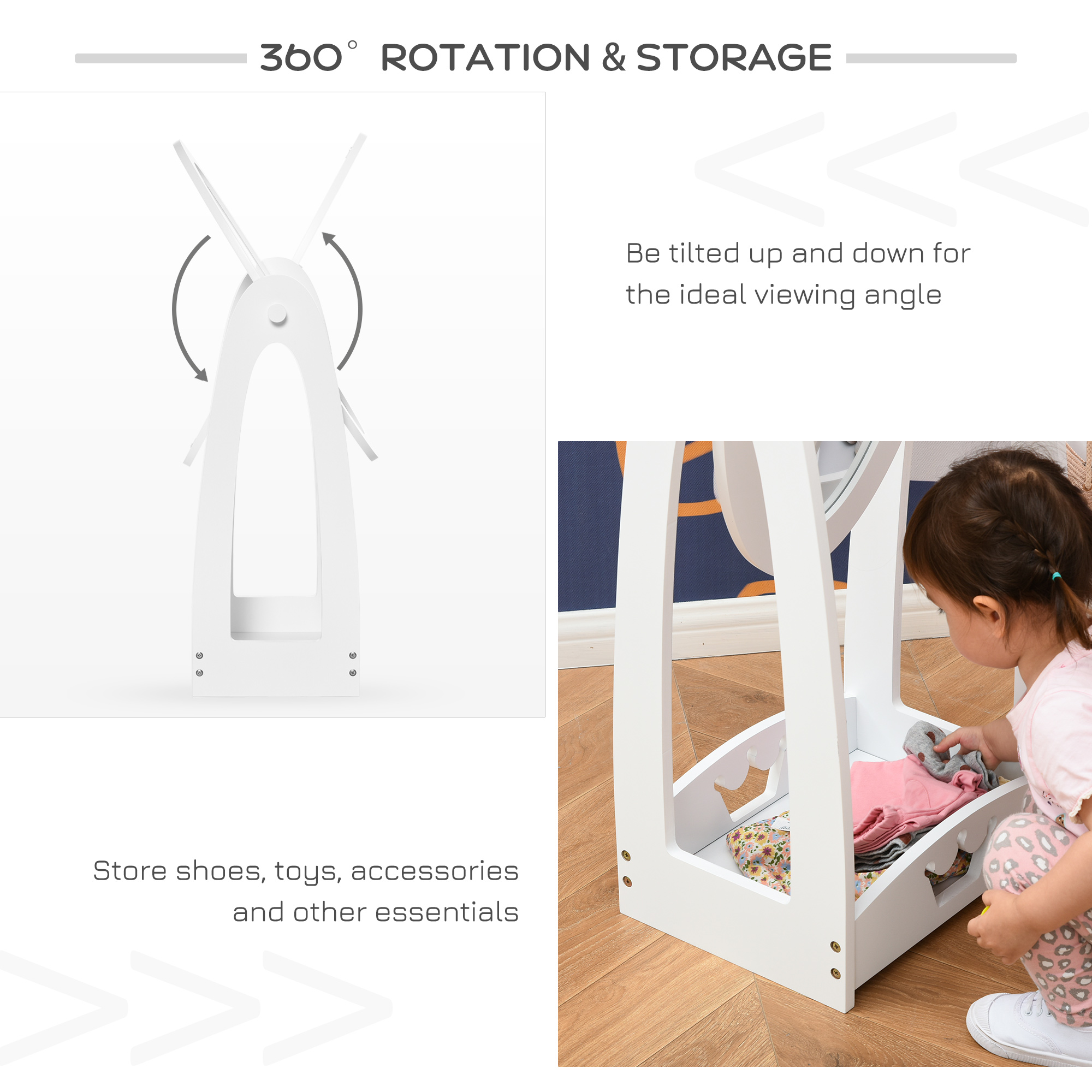 HOMCOM Free Standing Full Length Mirror, Child's Dressing Mirror with storage shelf 360Â° Rotation MDF, For 3- 8 Years Old, 40L x 30W x 104H cm