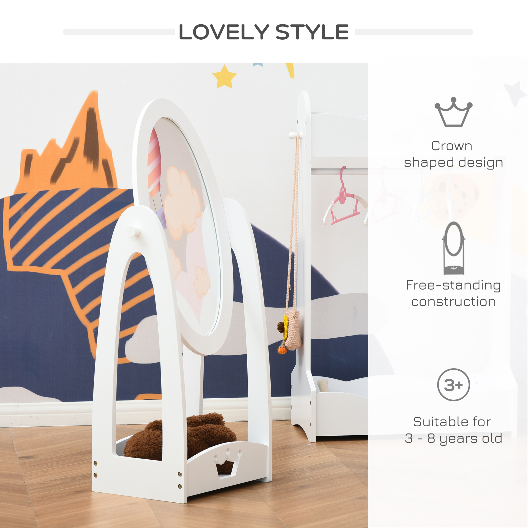 HOMCOM Free Standing Full Length Mirror, Child's Dressing Mirror with storage shelf 360Â° Rotation MDF, For 3- 8 Years Old, 40L x 30W x 104H cm