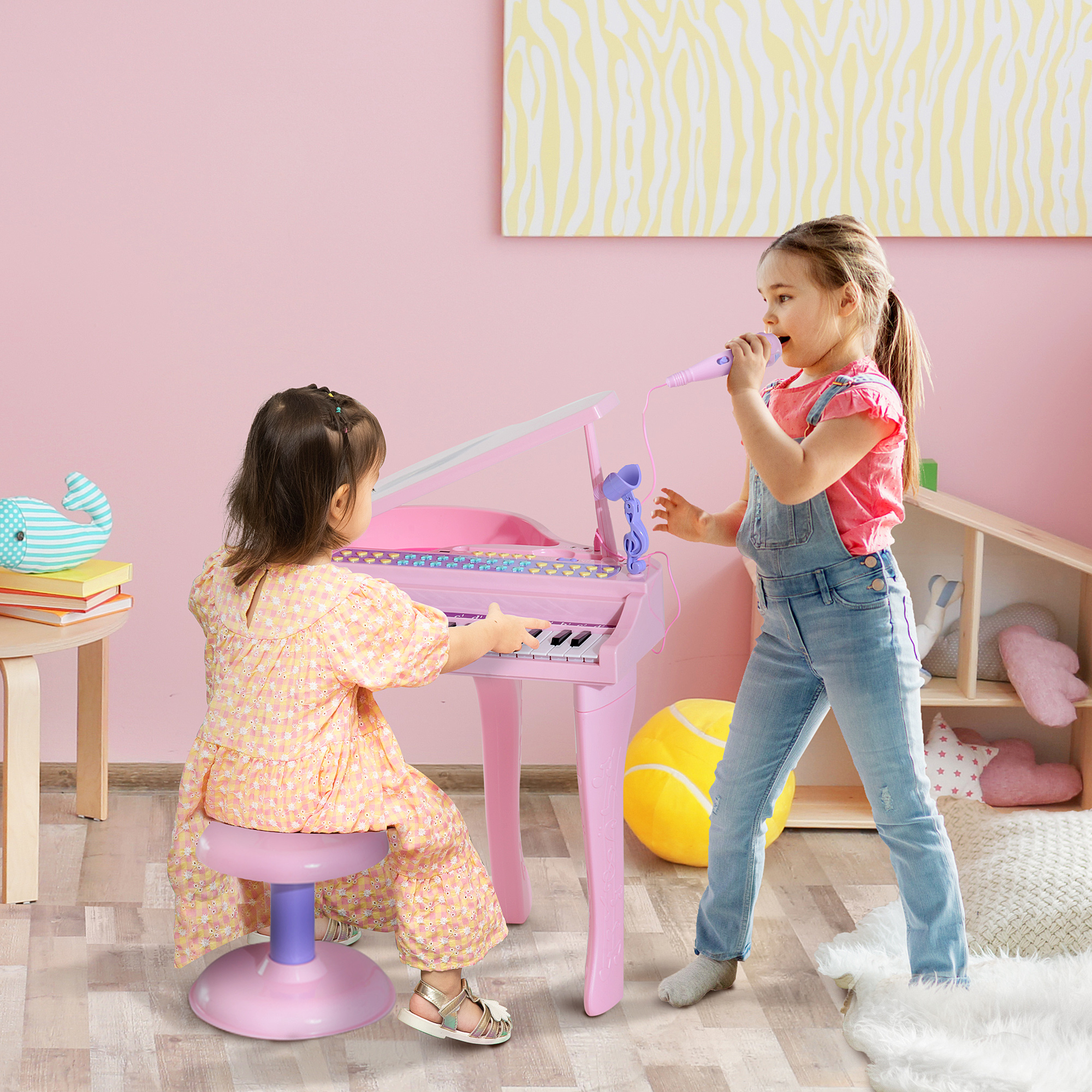 HOMCOM Mini Electronic Piano with Stool, Educational Musical Instrument, Interactive Play, Pink