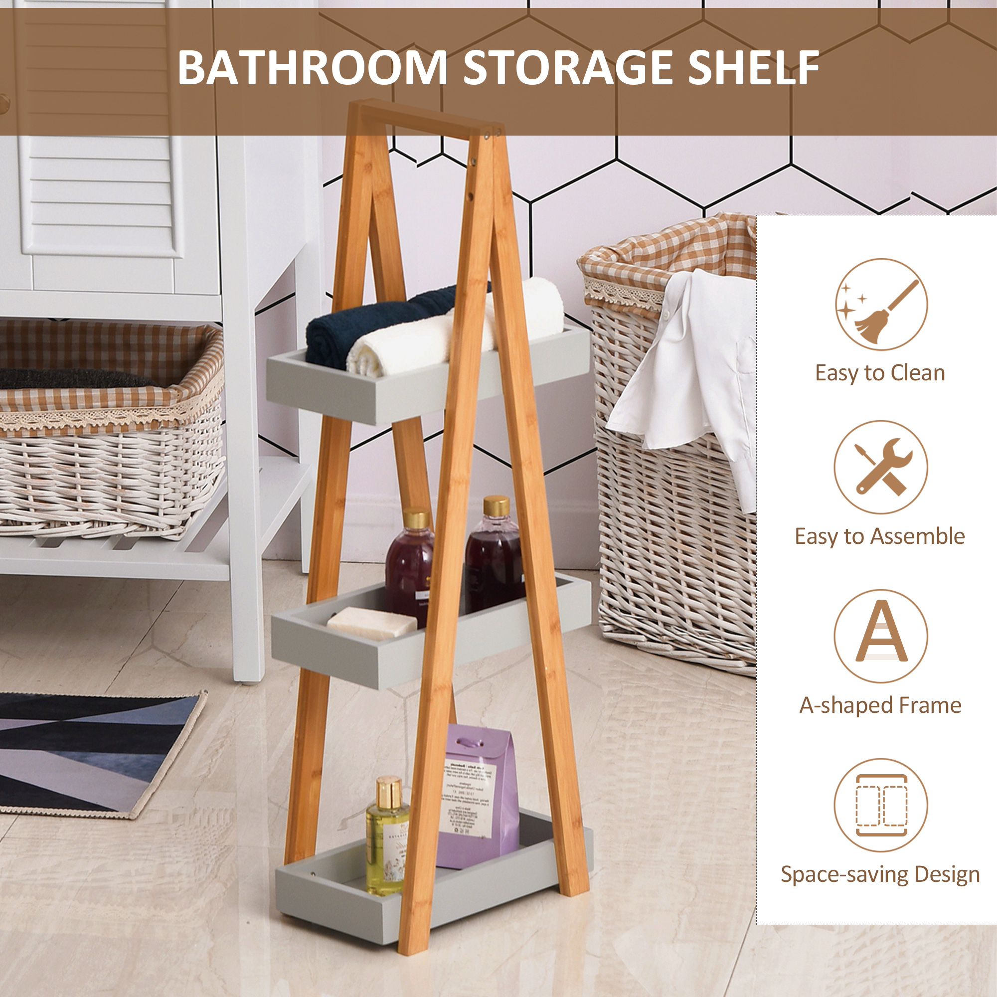 Kleankin Freestanding Bathroom Storage, 3-Tier Bamboo Shelving Unit, Slim A-Frame Design for Space Saving, Natural