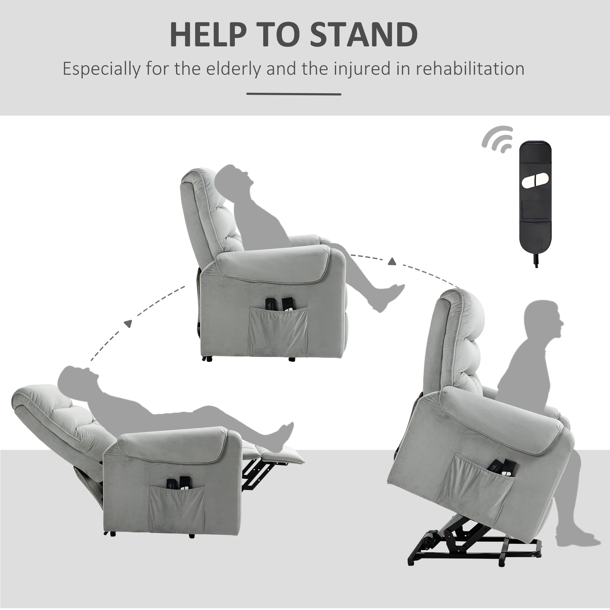 HOMCOM Vibration Massage Rise and Recliner Chair, Electric Power Lift Recliner with Remote Control and Side Pocket, Grey