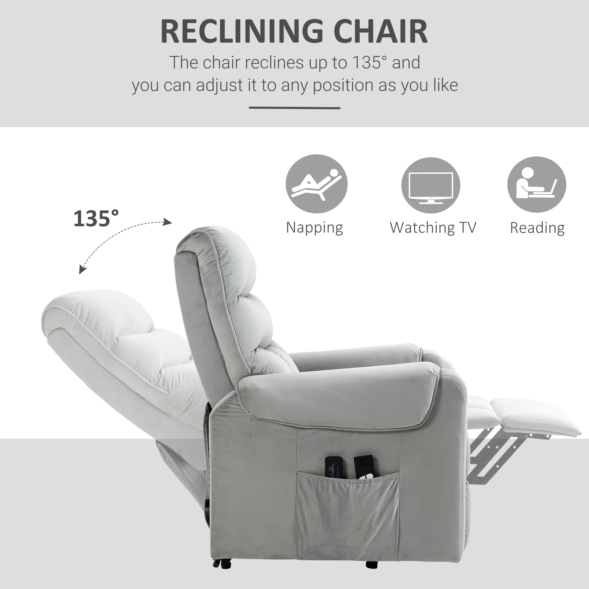 HOMCOM Vibration Massage Rise and Recliner Chair, Electric Power Lift Recliner with Remote Control and Side Pocket, Grey