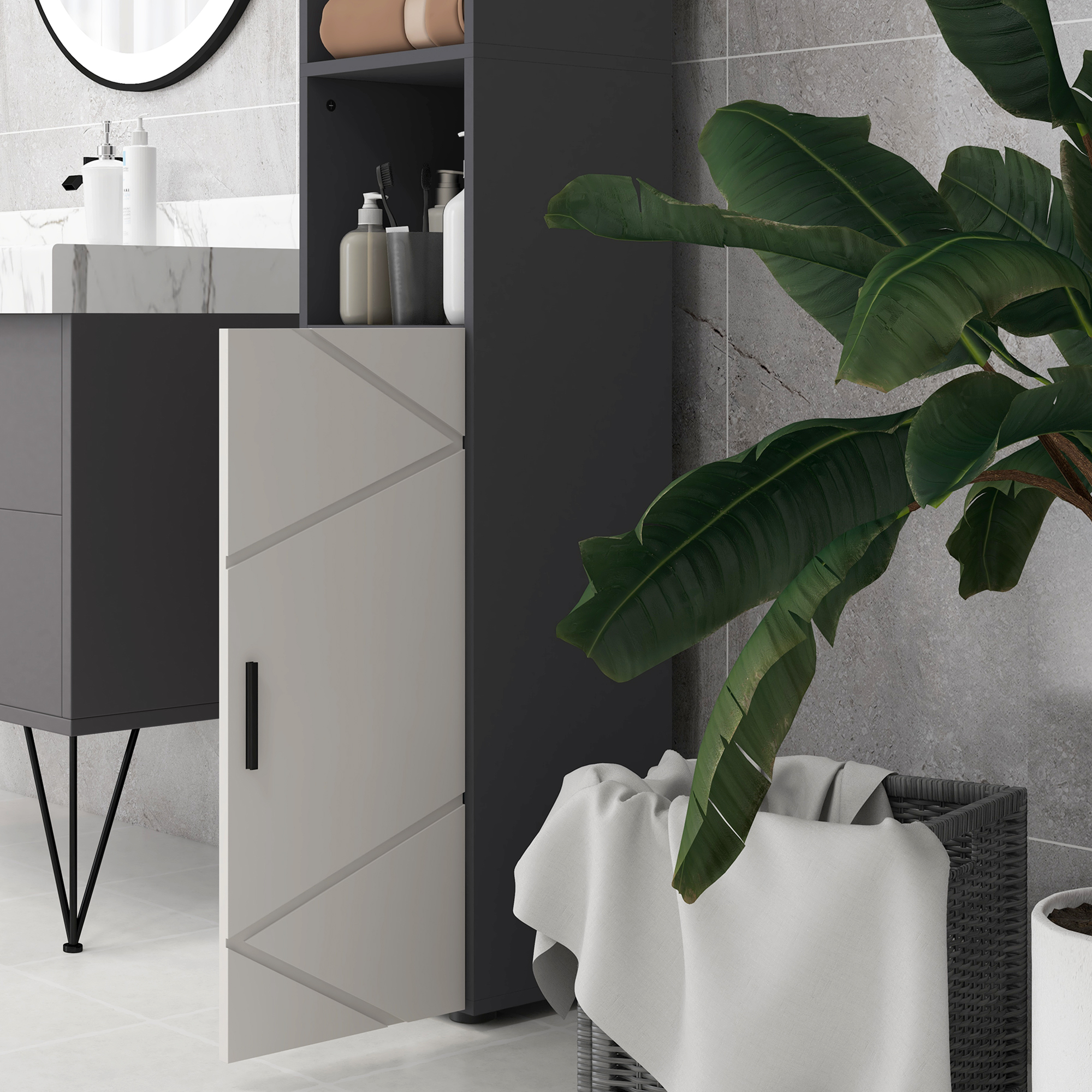 Kleankin Tall Bathroom Cabinet, Narrow Storage with Open Shelves, 2 Door Cabinets, Adjustable Shelves, Grey